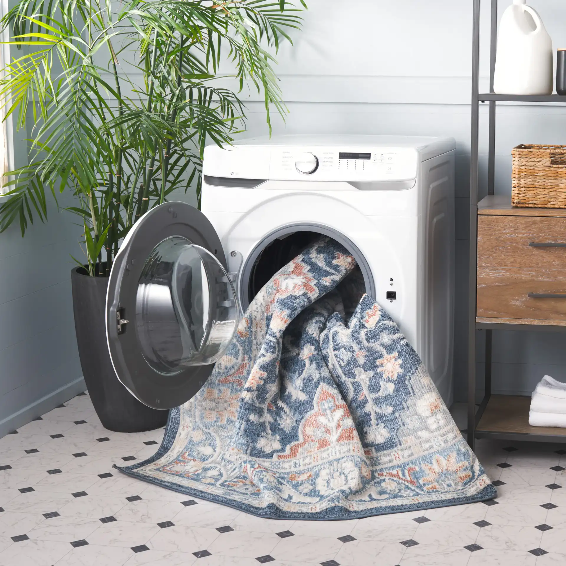 Blair Floral Medallion Washable Rug in Navy / Blue in a styled room