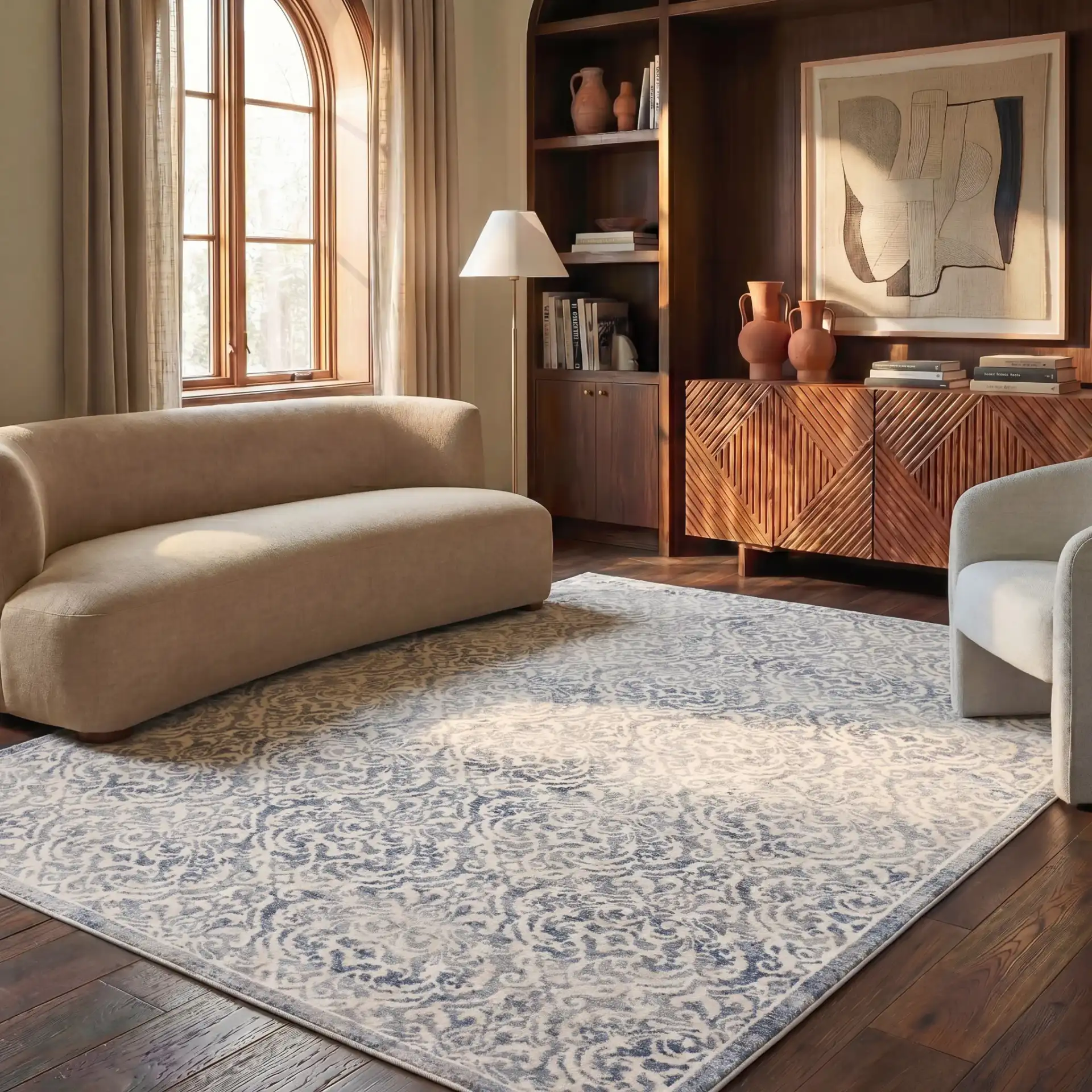Brentwood Scroll Rug in Light Gray / Blue in a styled room