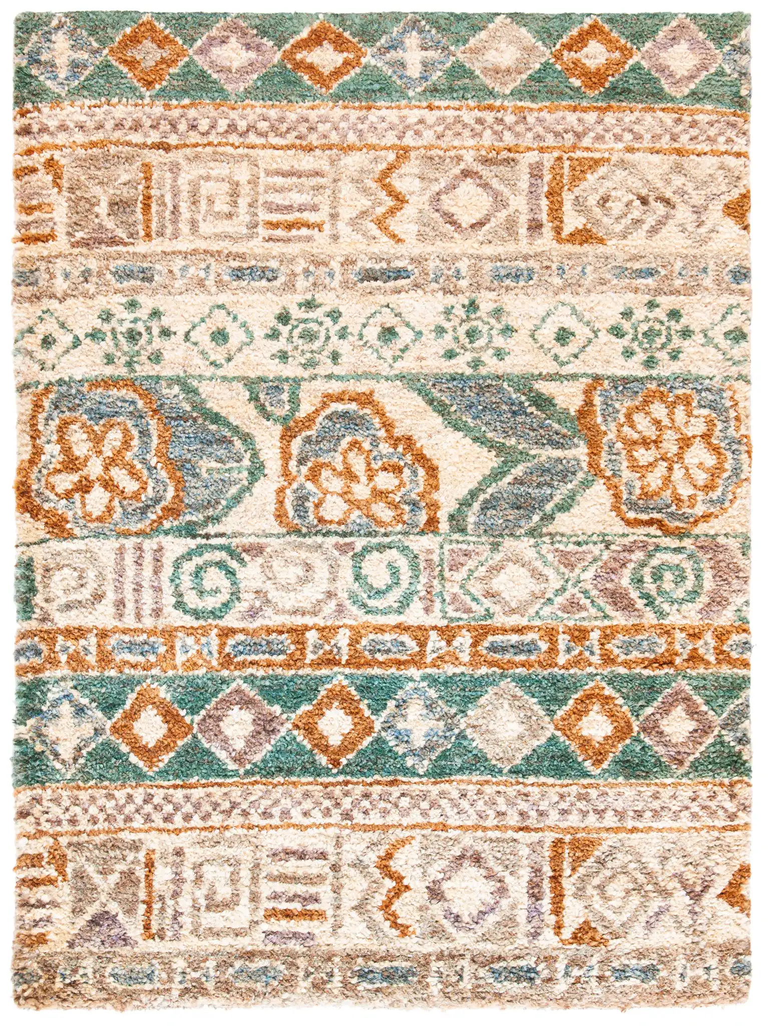 Bohemian Banded Floral Hand-Knotted Jute Rug in Bleach / Gold, detail view