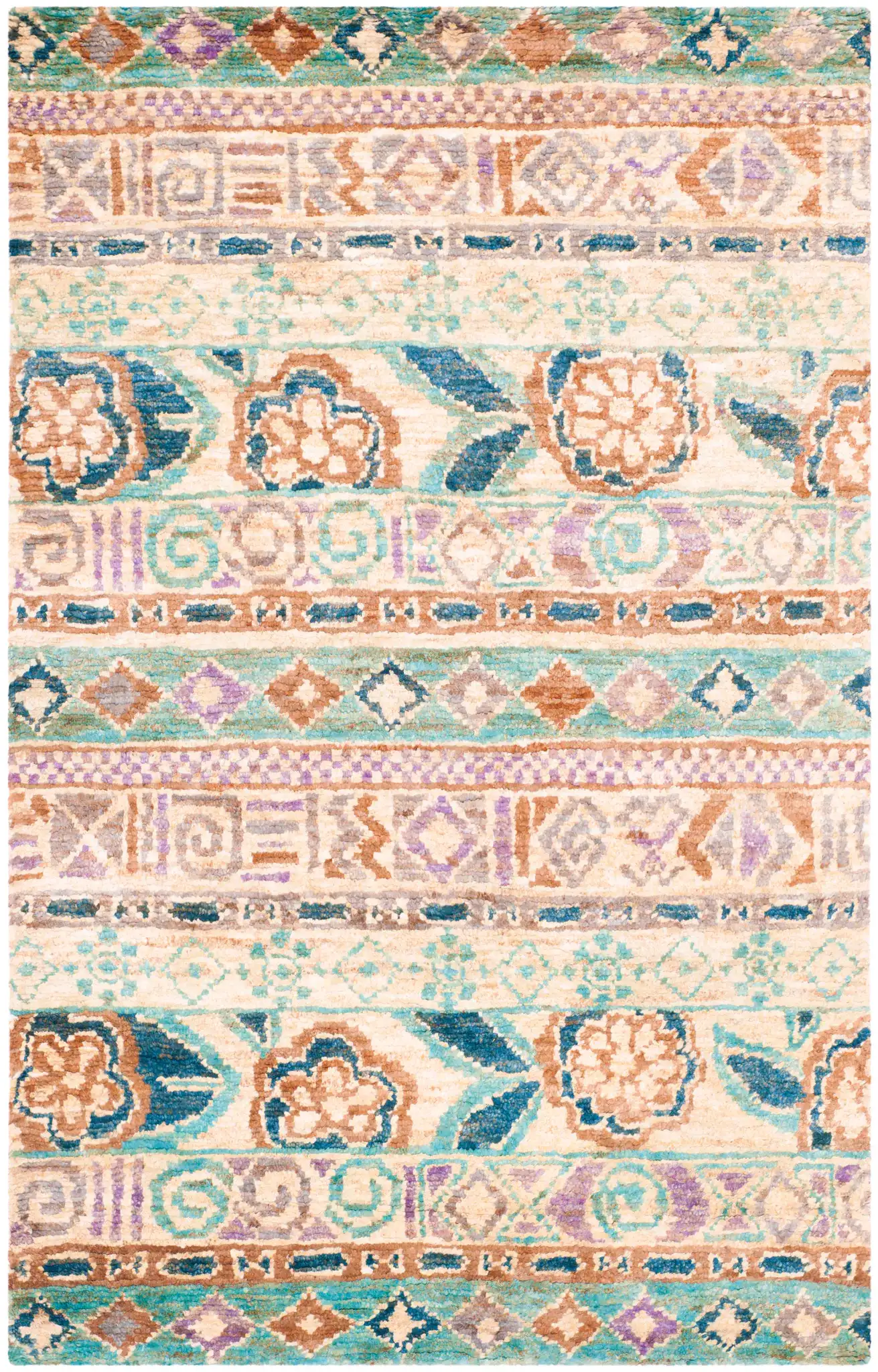 Bohemian Banded Floral Hand-Knotted Jute Rug in Bleach / Gold