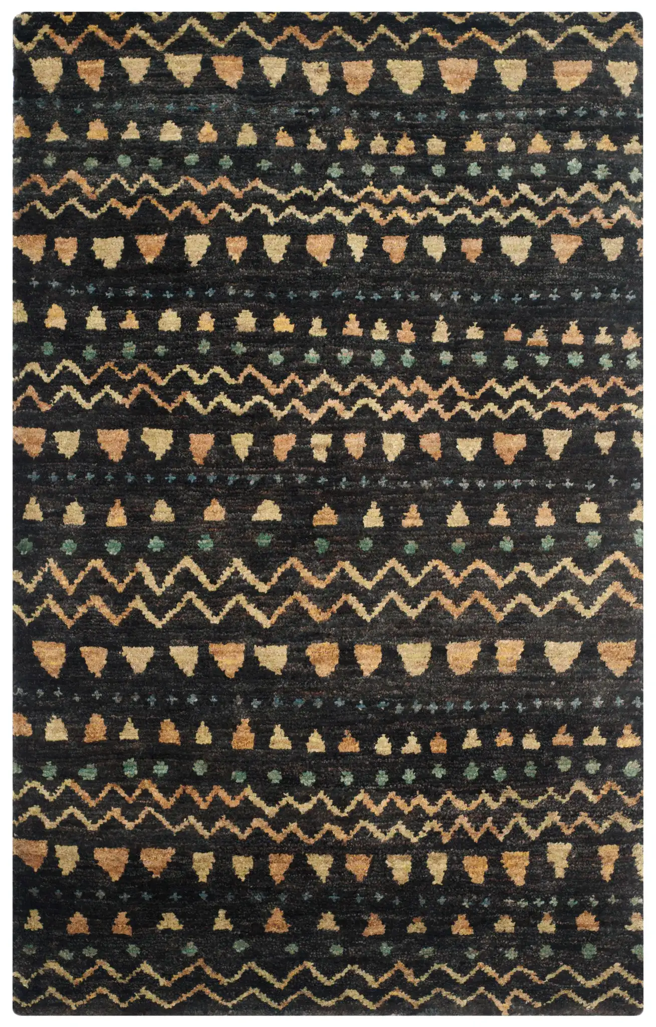 Bohemian Banded Chevron Hand-Knotted Jute Rug in Black / Gold, detail view