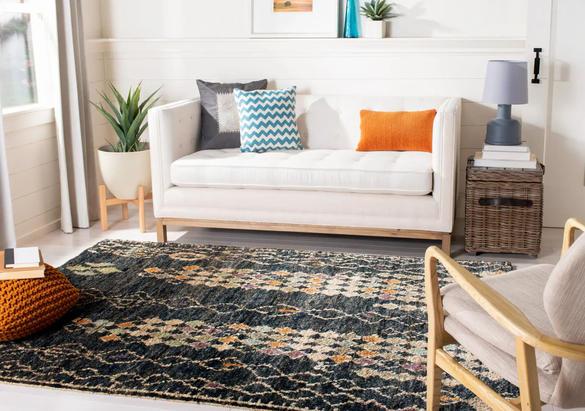 Bohemian Diamond Column Hand-Knotted Jute Rug in Black / Beige in a styled room