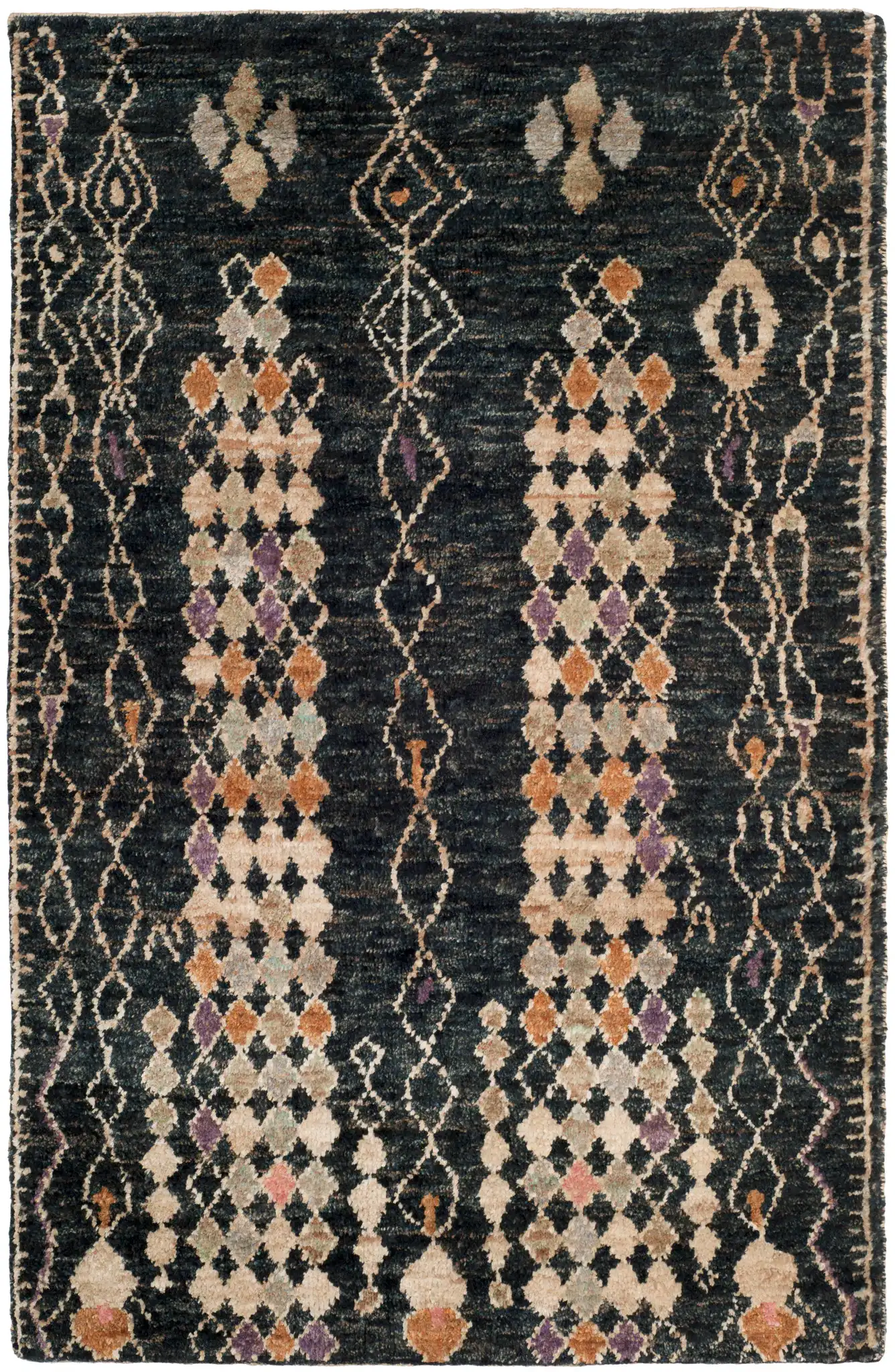Bohemian Diamond Column Hand-Knotted Jute Rug in Black / Beige