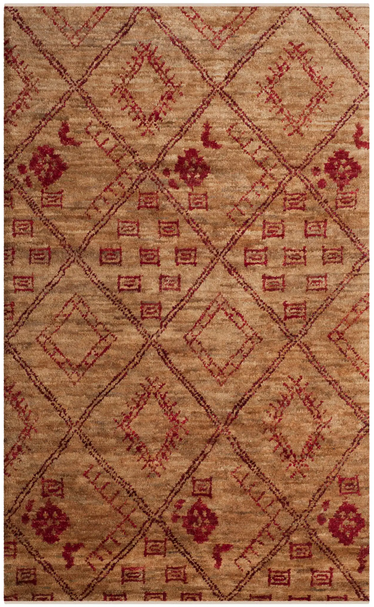 Bohemian Tribal Diamond Trellis Hand-Knotted Jute Rug in Natural / Red, detail view