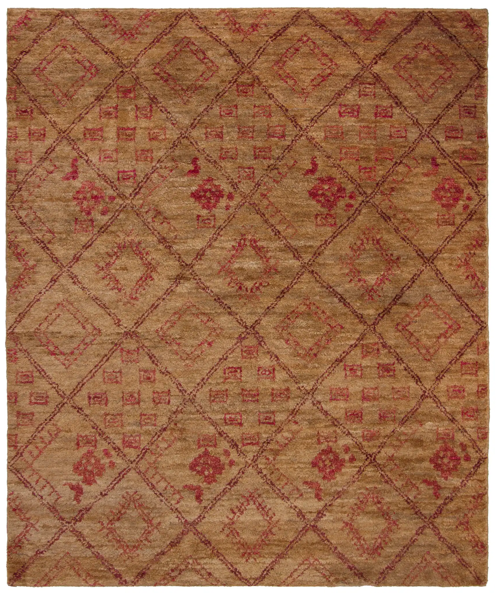 Bohemian Tribal Diamond Trellis Hand-Knotted Jute Rug in Natural / Red