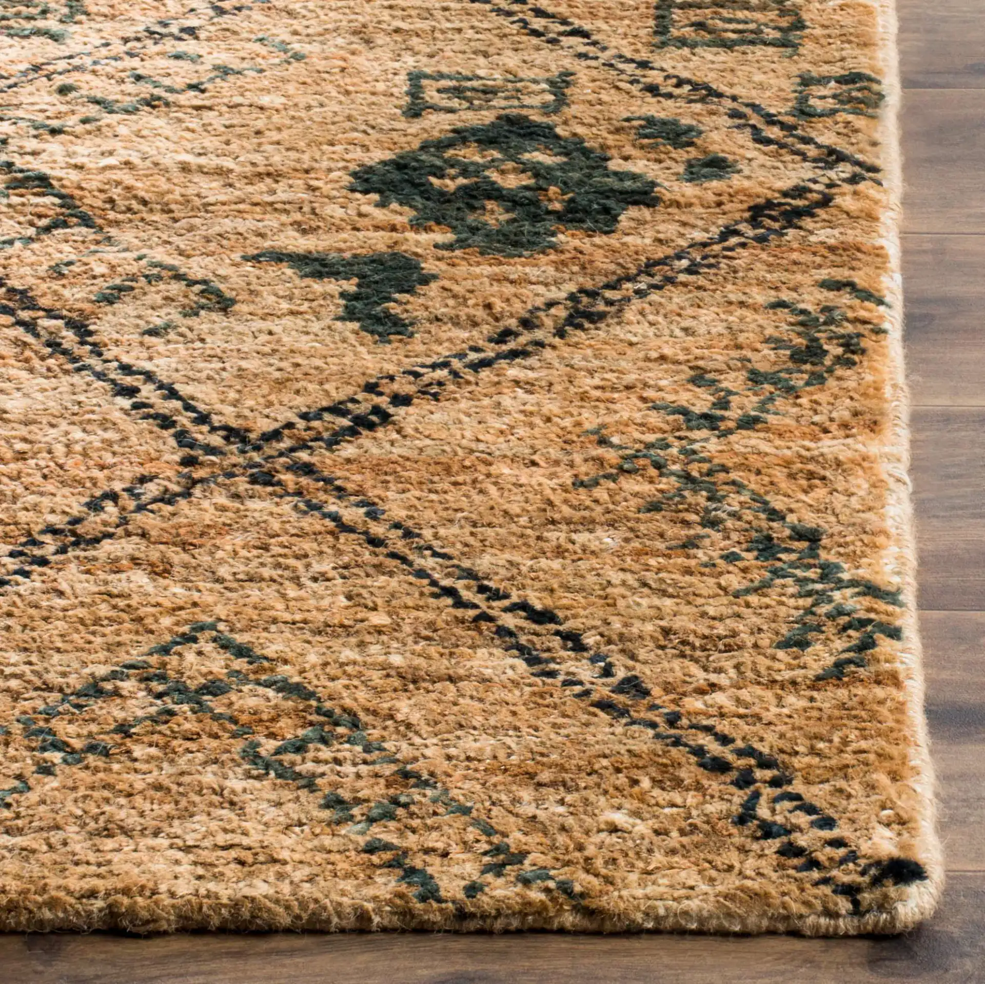 Bohemian Diamond Lattice Hand-Knotted Rug in Natural / Deep Teal in a styled room