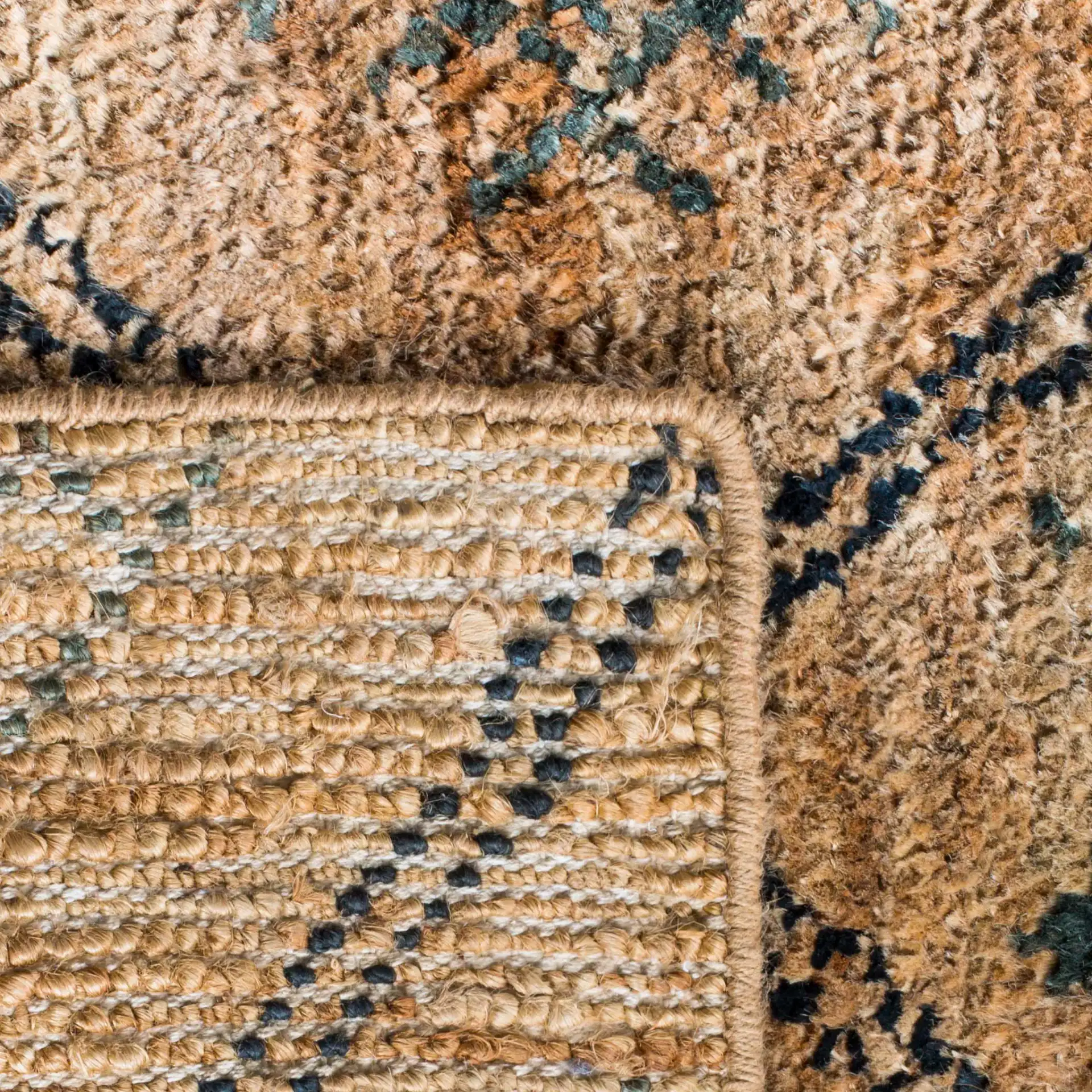 Bohemian Diamond Lattice Hand-Knotted Rug in Natural / Deep Teal in a styled room