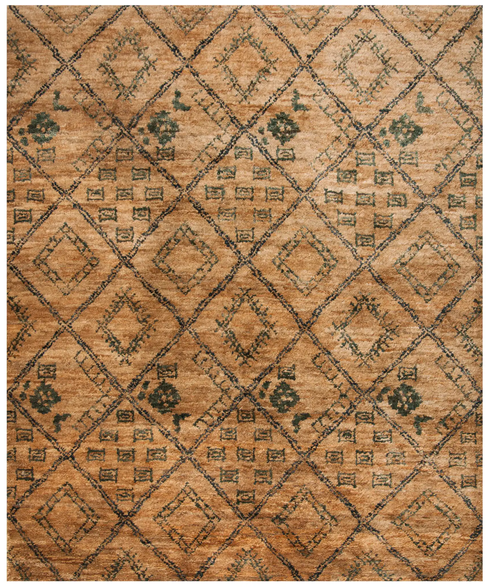 Bohemian Diamond Lattice Hand-Knotted Rug in Natural / Deep Teal, detail view