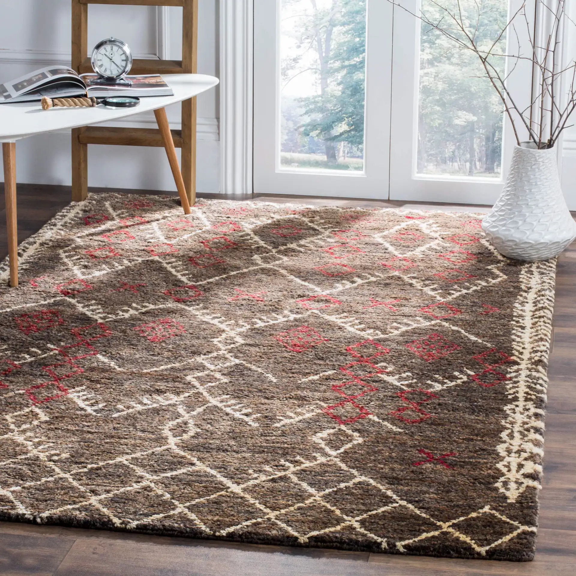 Bohemian Tribal Chevron Hand-Knotted Rug in Dark Brown / Multicolor in a styled room