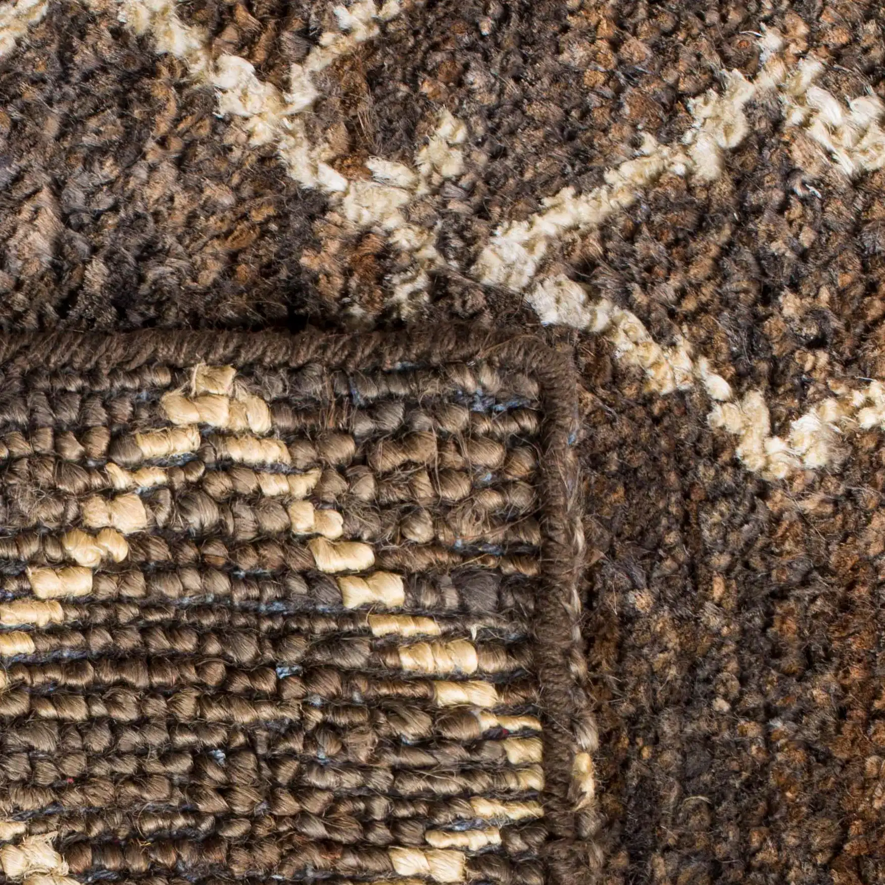 Bohemian Tribal Chevron Hand-Knotted Rug in Dark Brown / Multicolor in a styled room