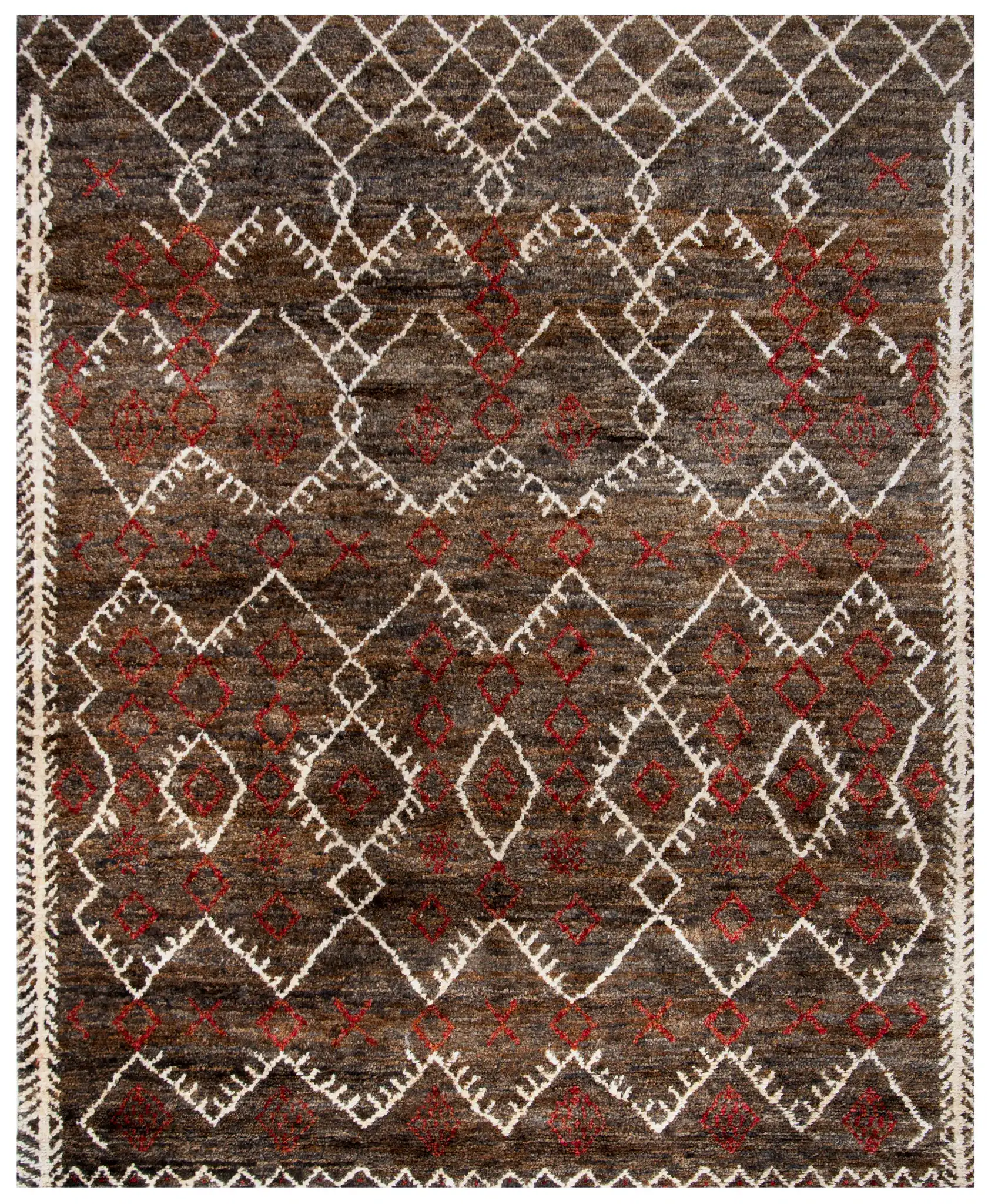 Bohemian Tribal Chevron Hand-Knotted Rug in Dark Brown / Multicolor, detail view