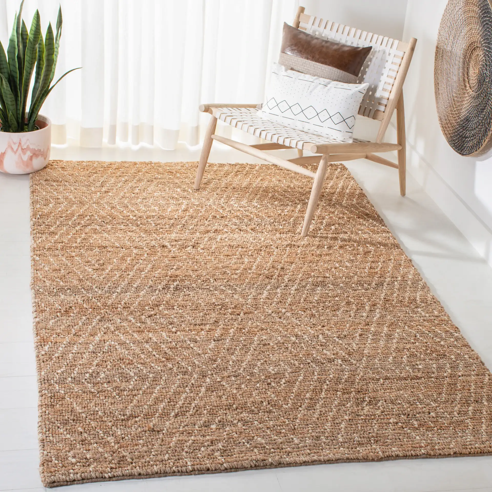 Bohemian Diamond Hand-Woven Jute Rug in Natural / Ivory in a styled room