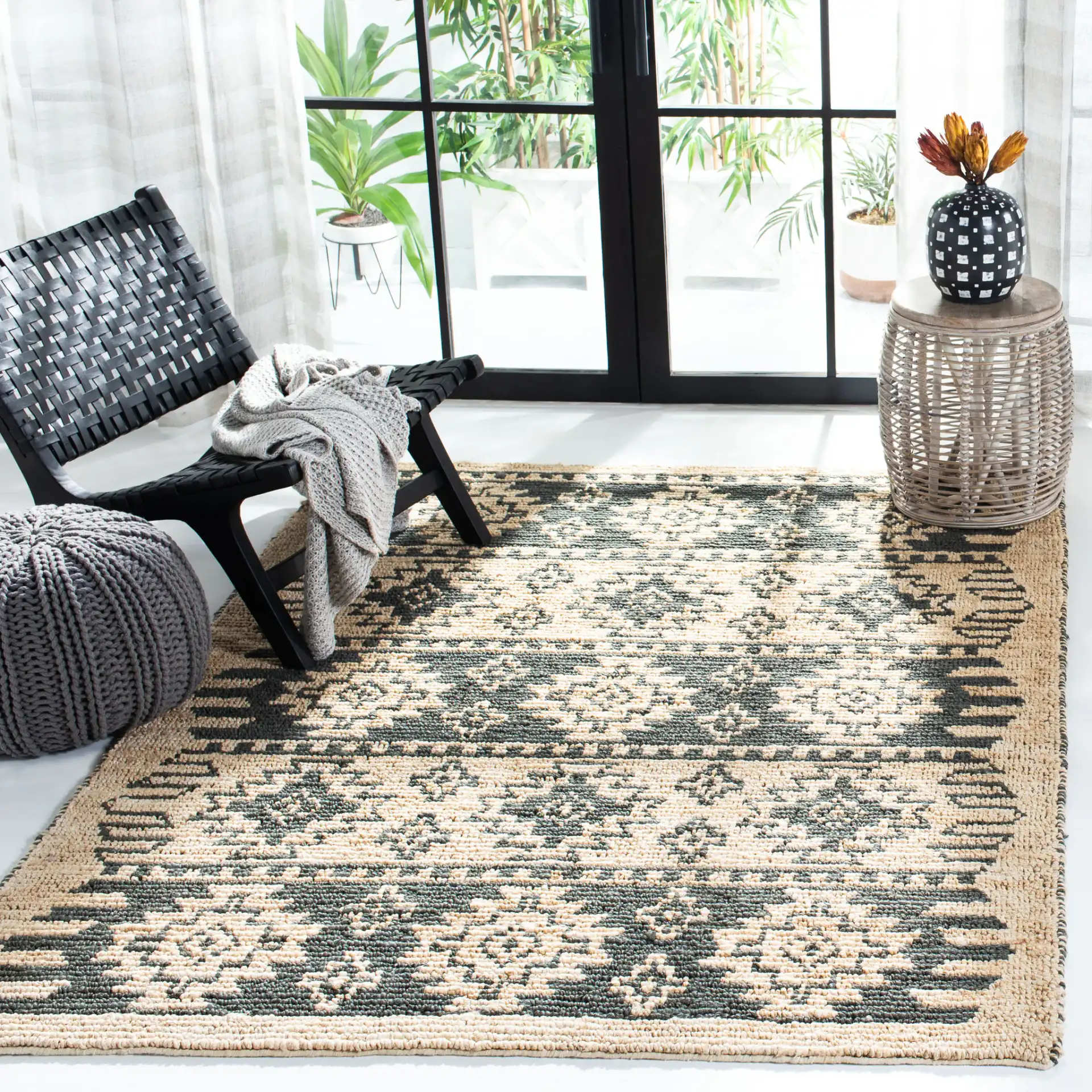 Bohemian Stepped Diamond Hand-Woven Jute Rug in Gray / Beige in a styled room