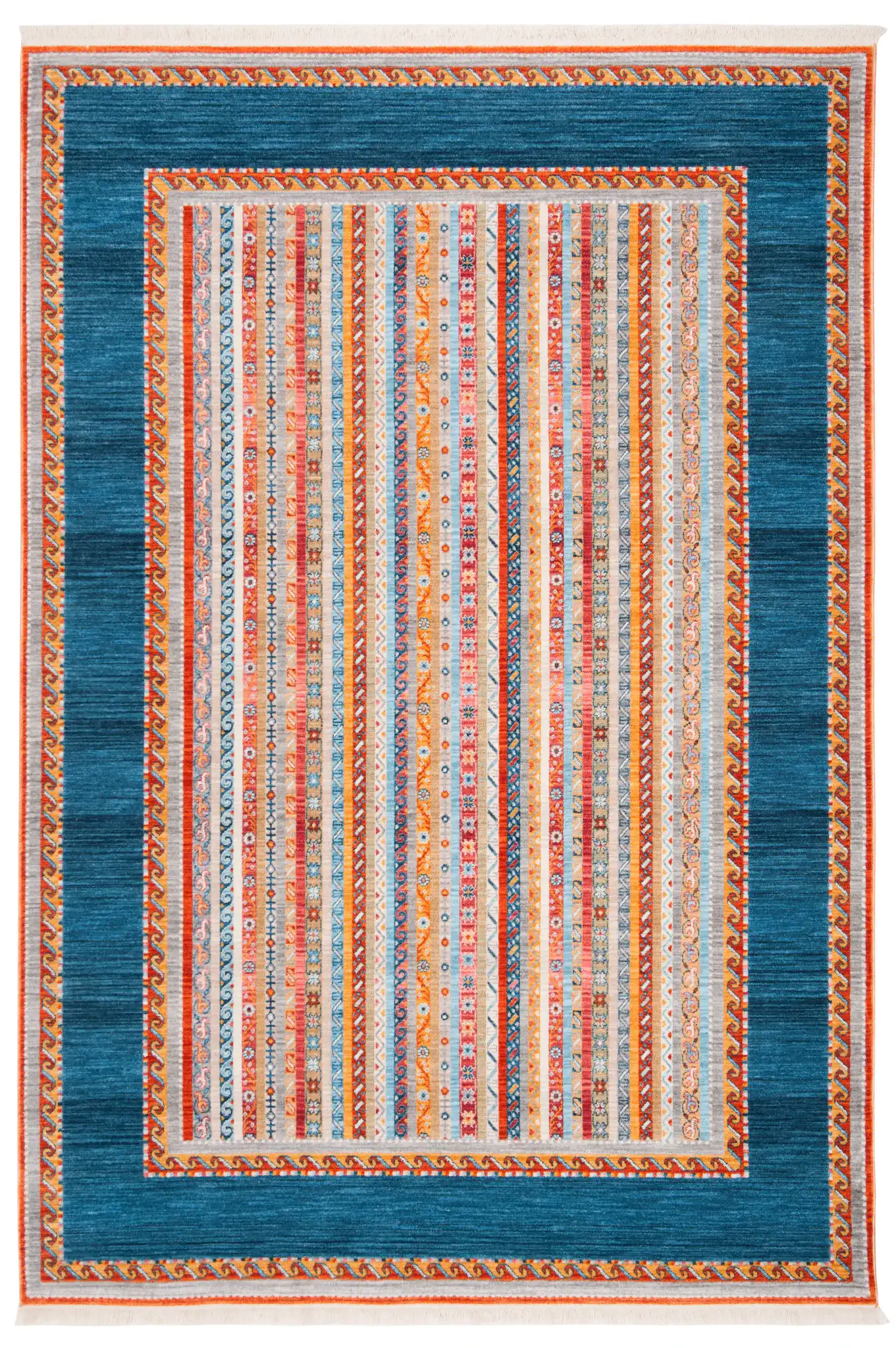 Bokhara Striped Border Rug in Blue / Orange