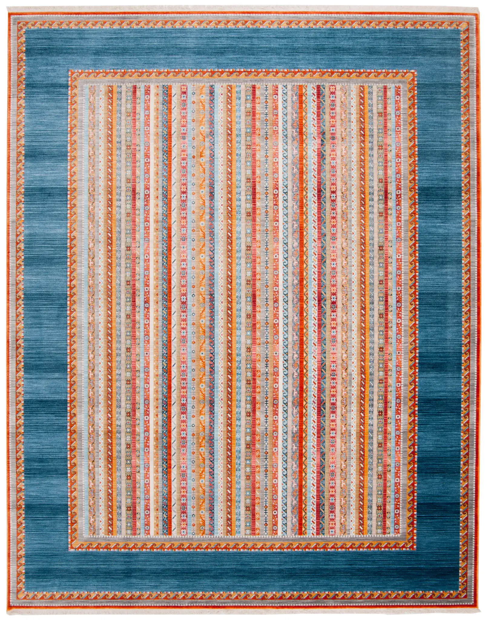 Bokhara Striped Border Rug in Blue / Orange, detail view