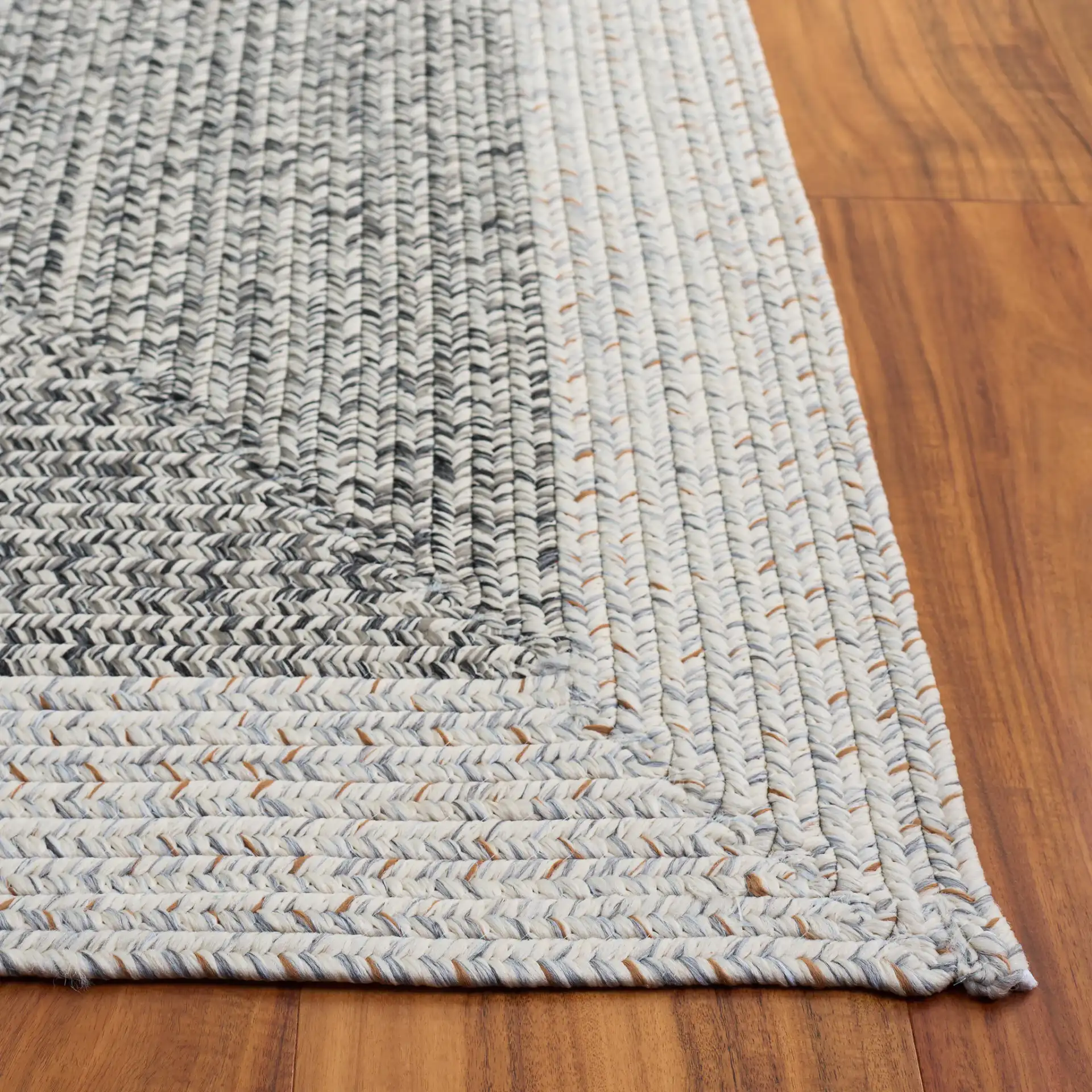 Braided Transitional Border Washable Outdoor Rug in Ivory / Gray Black in a styled room