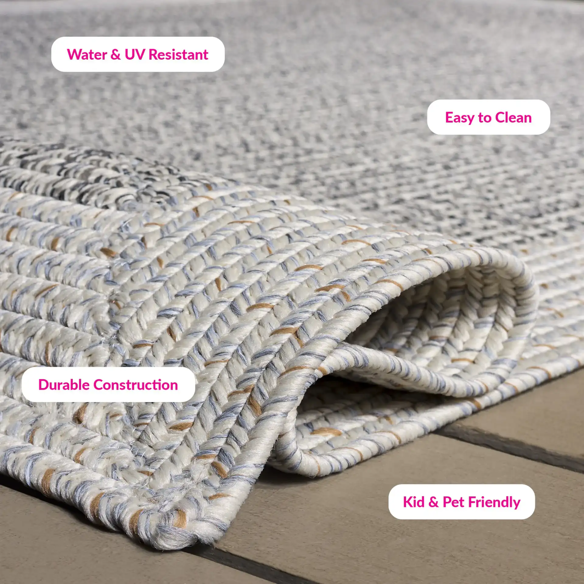 Braided Transitional Border Washable Outdoor Rug in Ivory / Gray Black in a styled room
