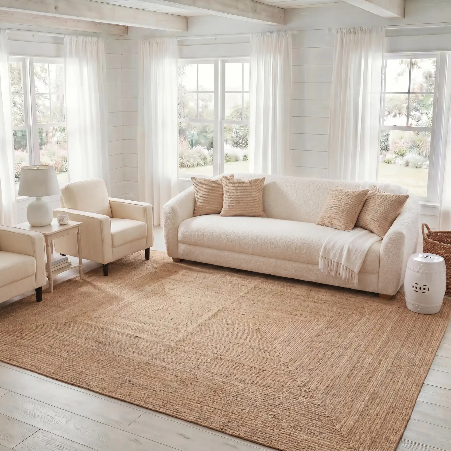 Braided Solid Oval Hand-Woven Rug in Natural in a styled room