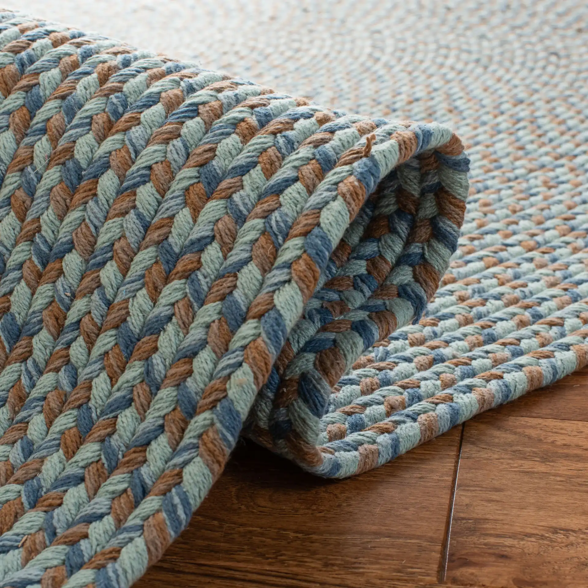 Braided Coastal Concentric Oval Hand-Woven Cotton Rug in Multicolor in a styled room