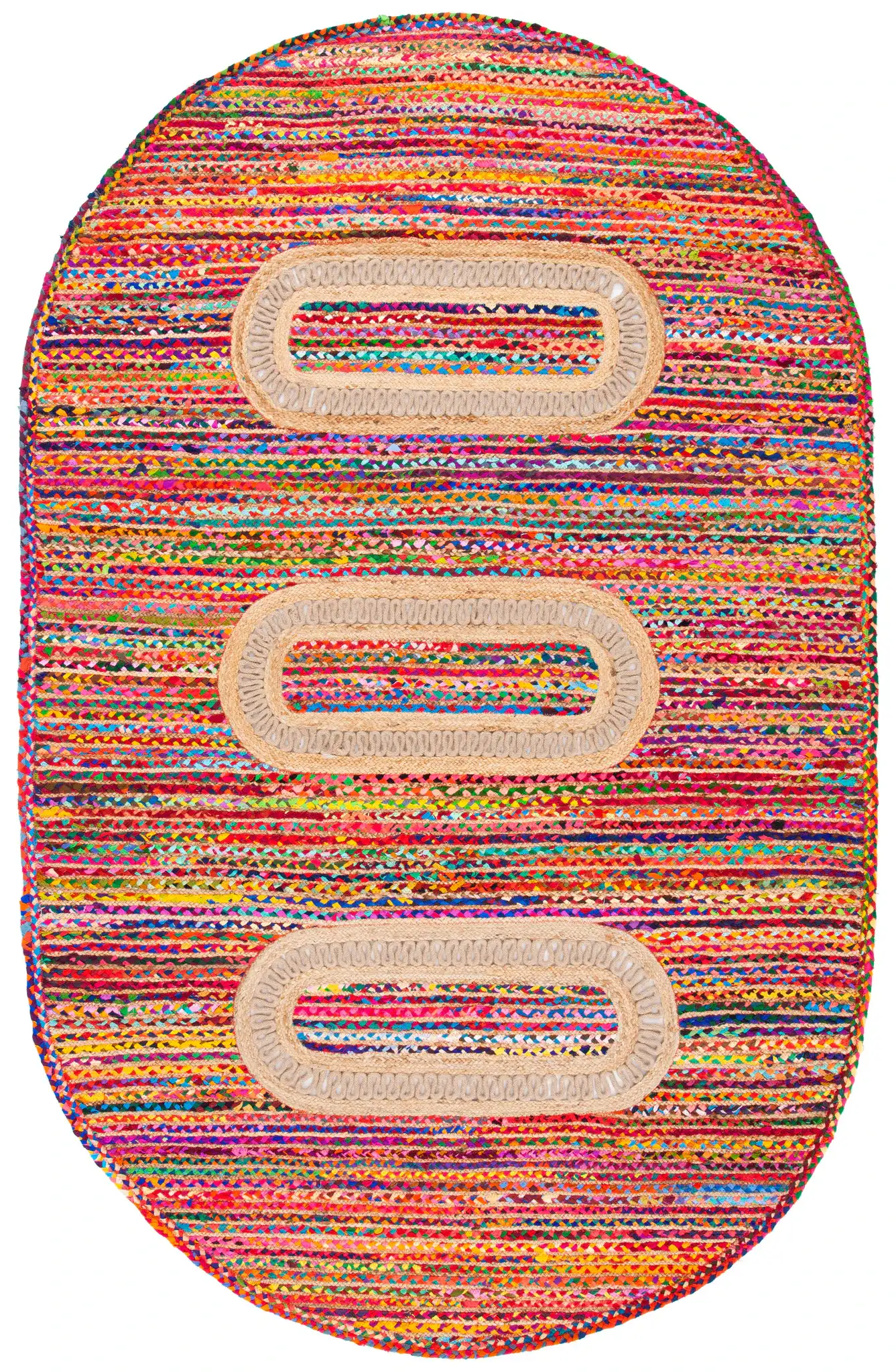 Braided Coastal Geometric Cotton & Jute Hand-Woven Rug in Pink / Sage