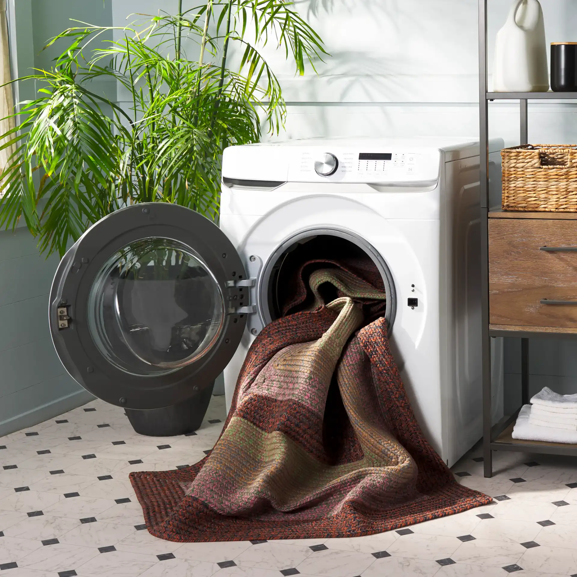 Braided Oval Band Washable Outdoor Rug in Dark Brown / Light Green in a styled room