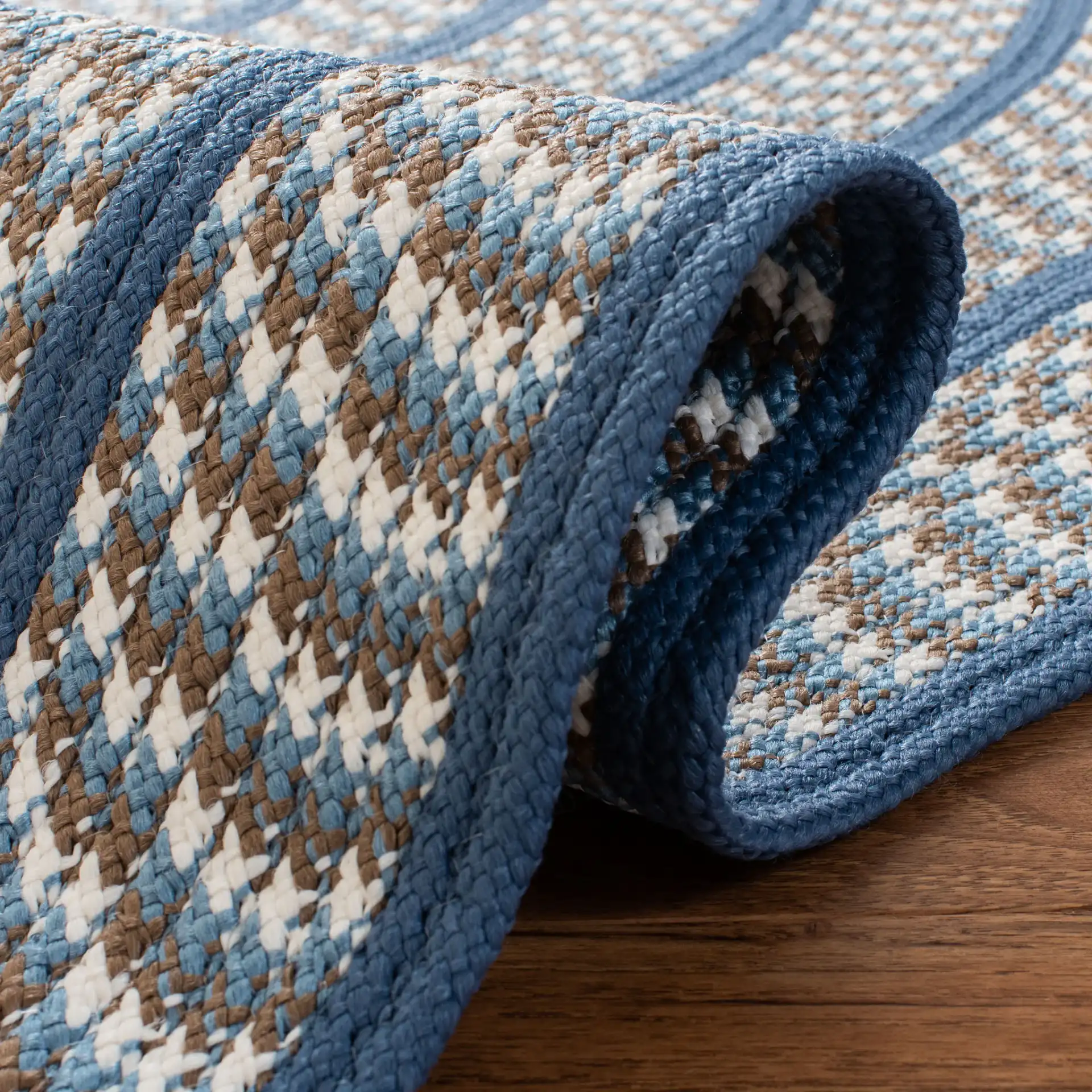 Braided Concentric Oval Hand-Woven Rug in Ivory / Blue in a styled room
