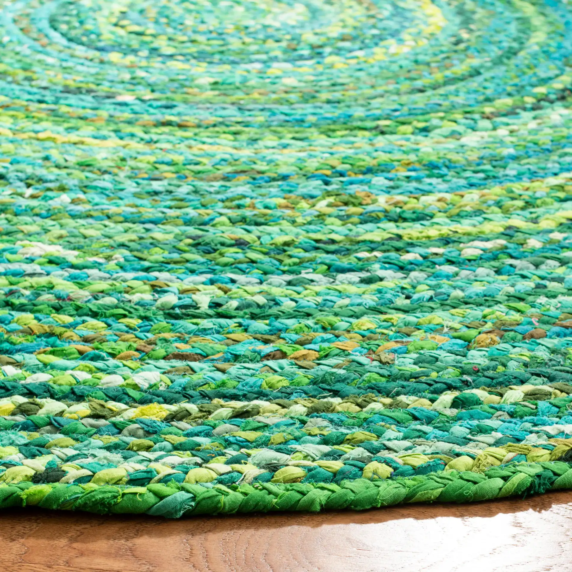 Braided Coastal Spiral Hand-Woven Cotton Rug in Green in a styled room