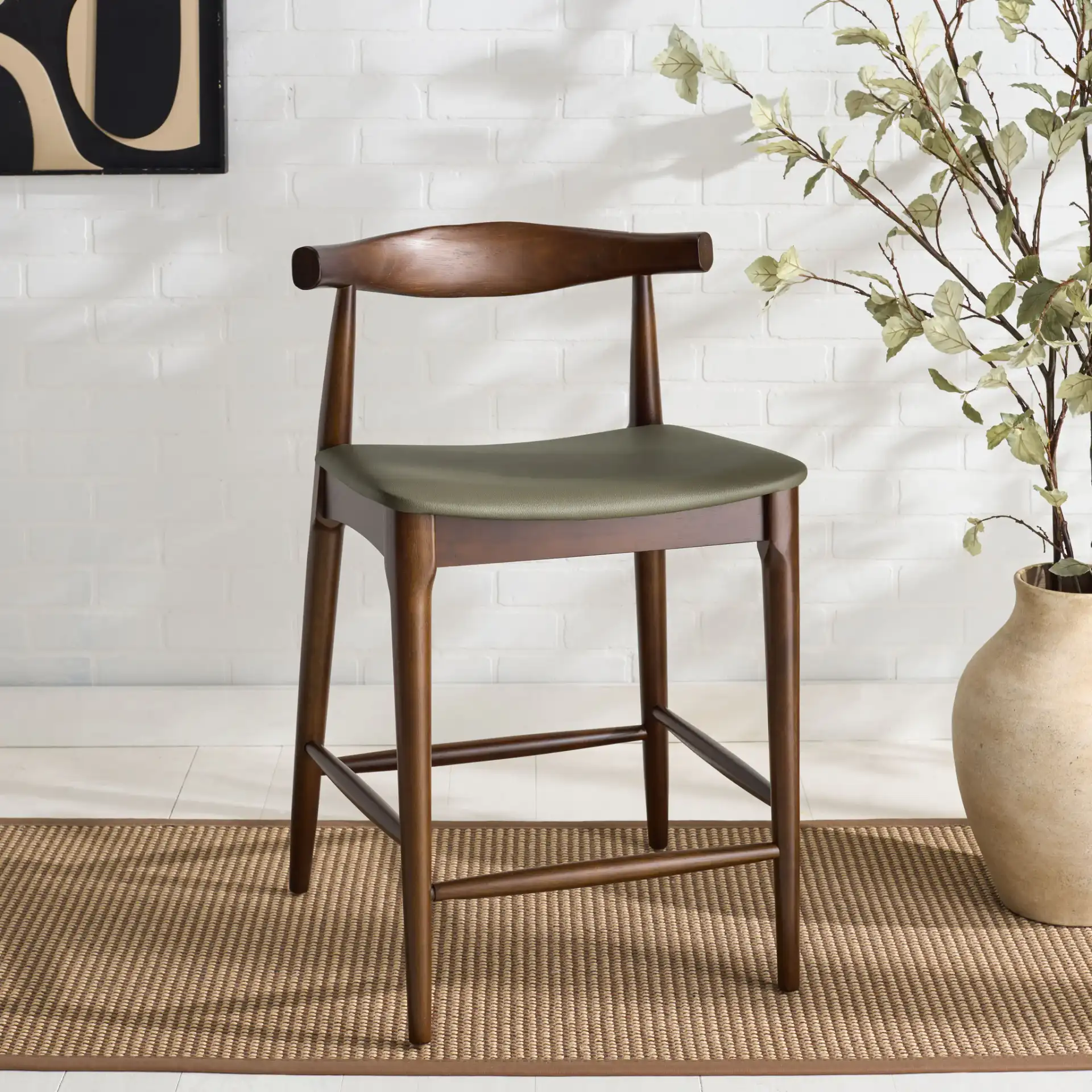 Elbow Counter Stool in Olive / Espresso in a styled room