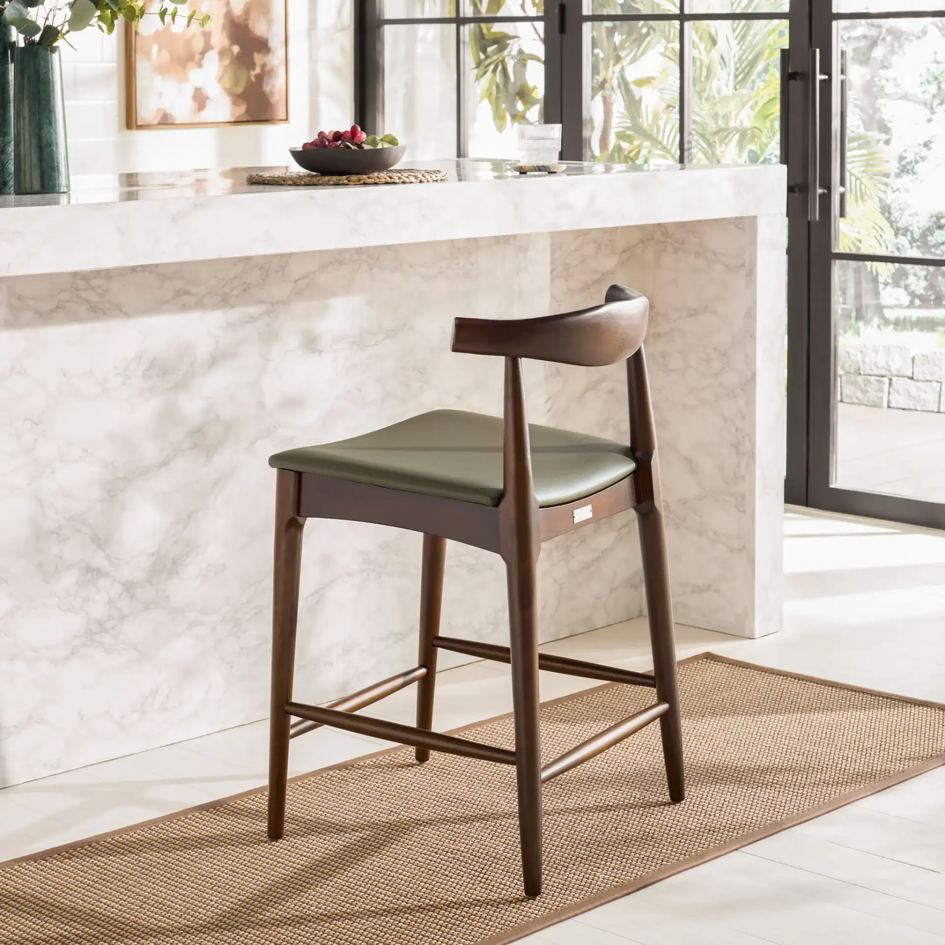 Elbow Counter Stool in Olive / Espresso in a styled room
