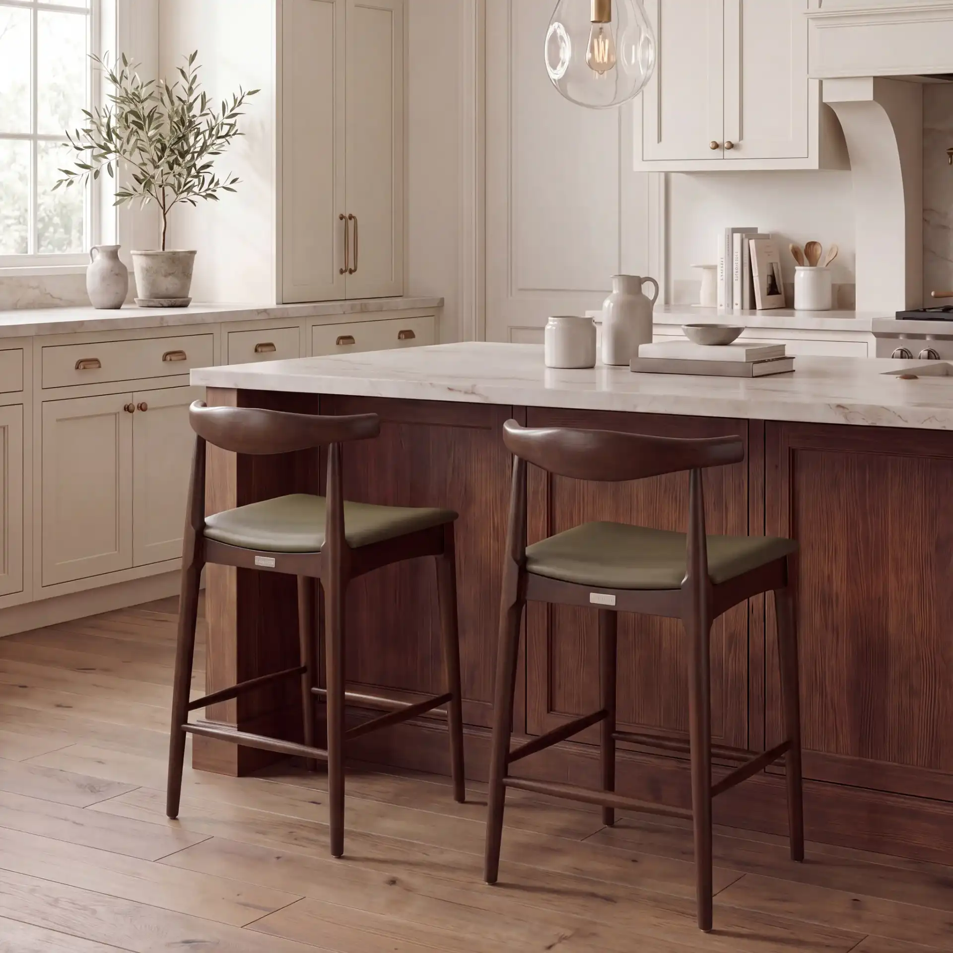 Elbow Counter Stool in Olive / Espresso in a styled room