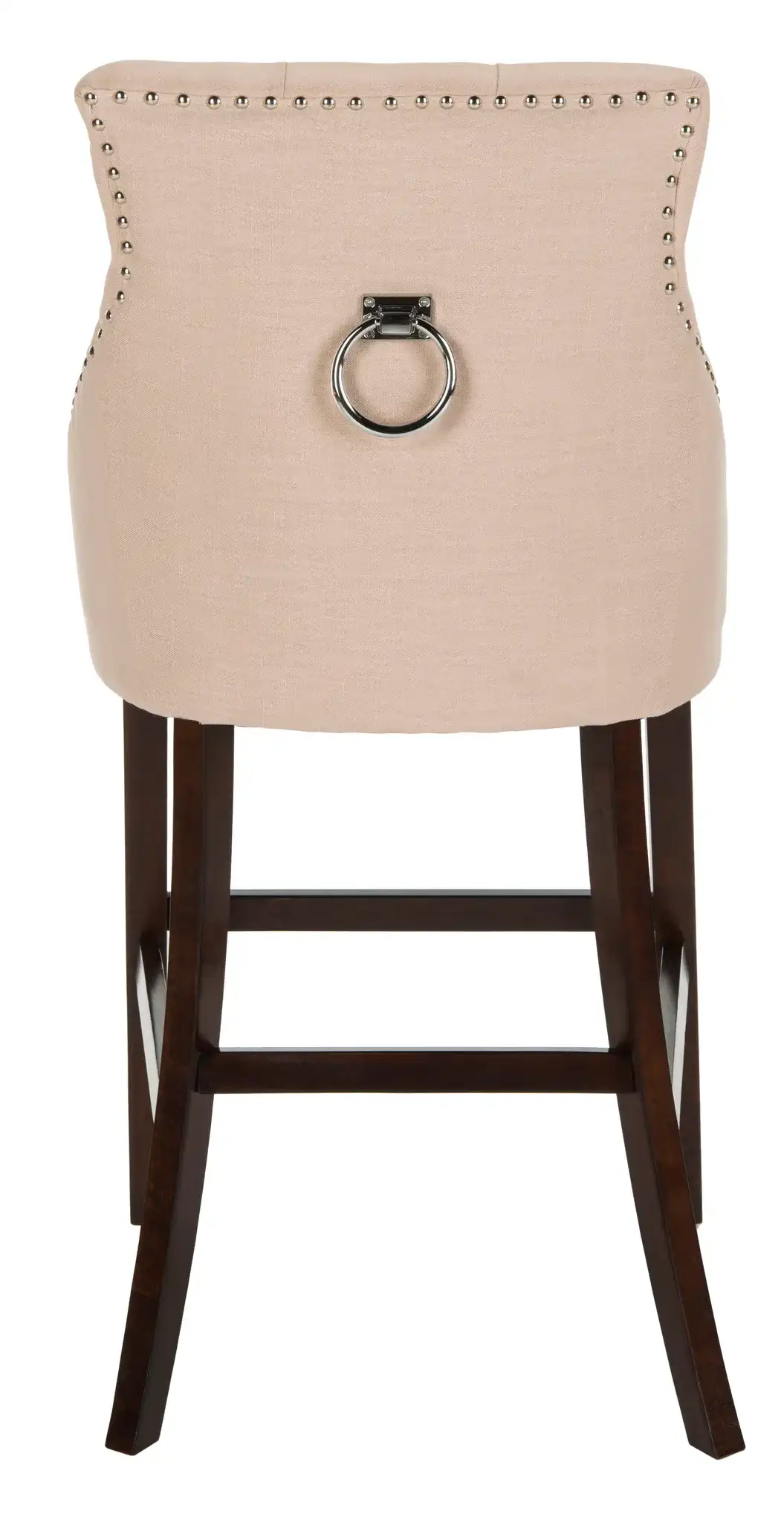 Eleni Tufted Bar Stool (Set of 2) in Beige Linen / Chrome Ring / Espresso Leg, detail view