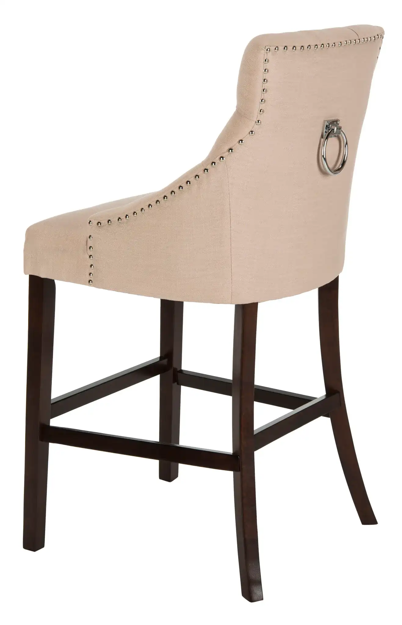 Eleni Tufted Bar Stool (Set of 2) in Beige Linen / Chrome Ring / Espresso Leg, detail view