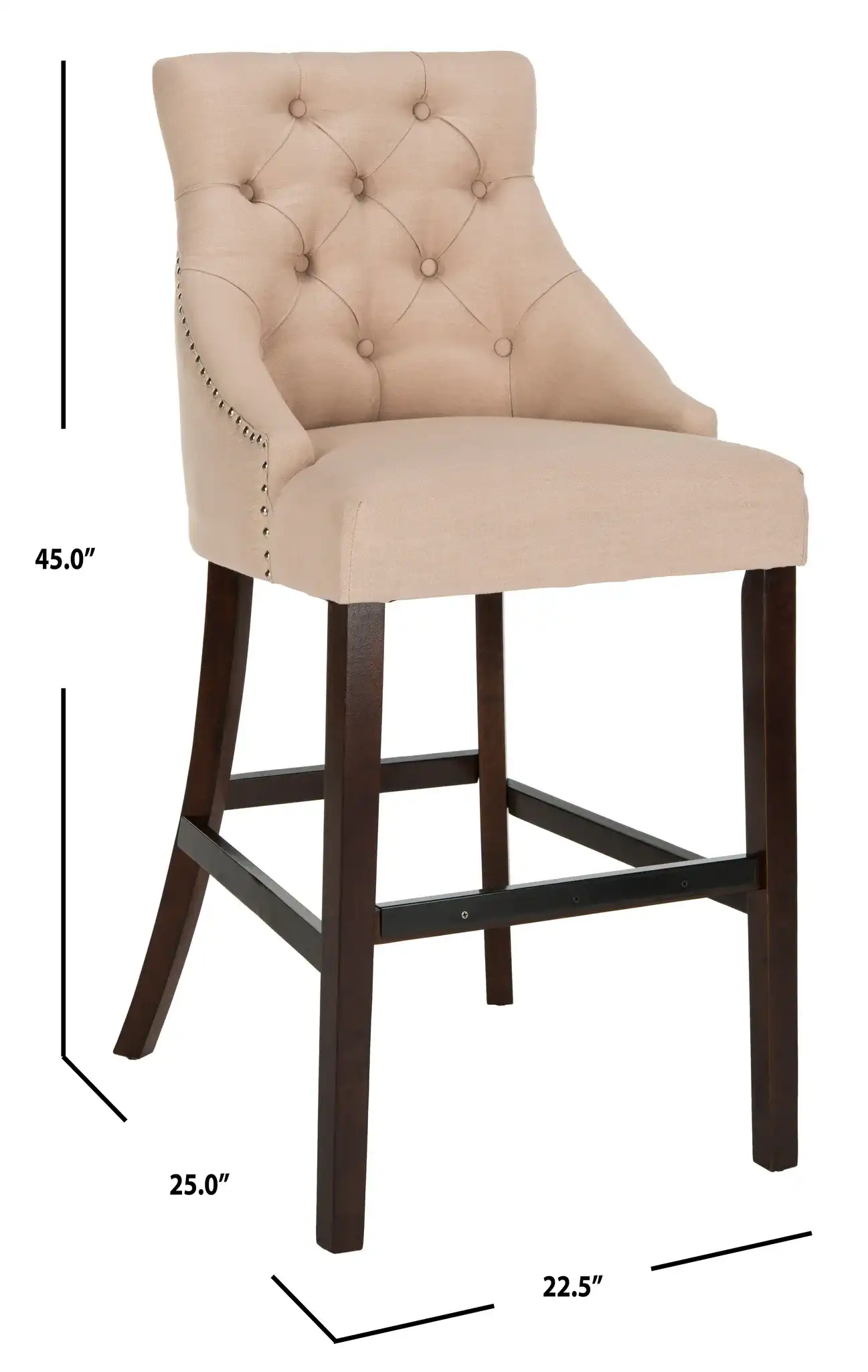 Eleni Tufted Bar Stool (Set of 2) in Beige Linen / Chrome Ring / Espresso Leg, detail view
