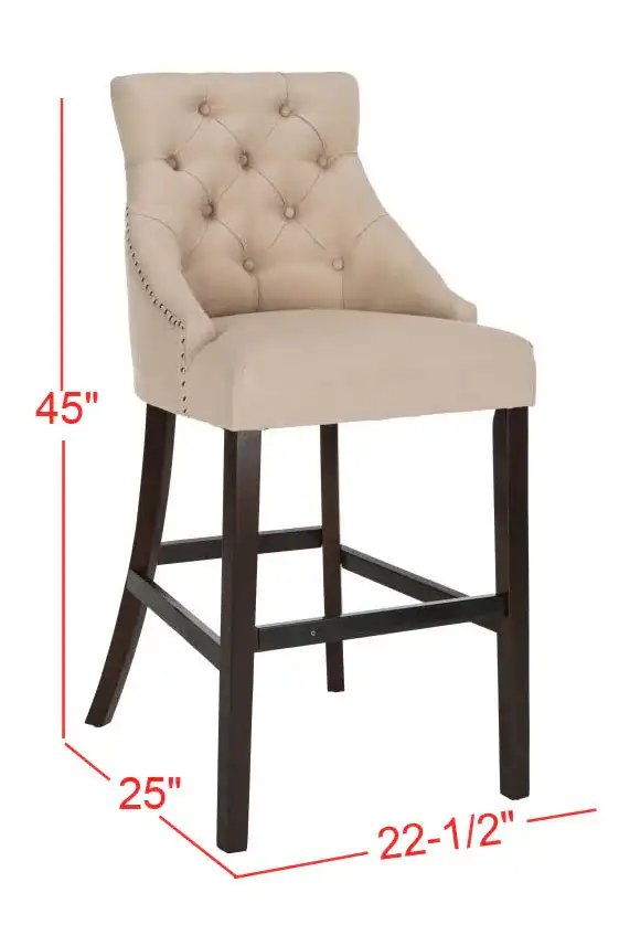 Eleni Tufted Bar Stool (Set of 2) in Beige Linen / Chrome Ring / Espresso Leg, detail view
