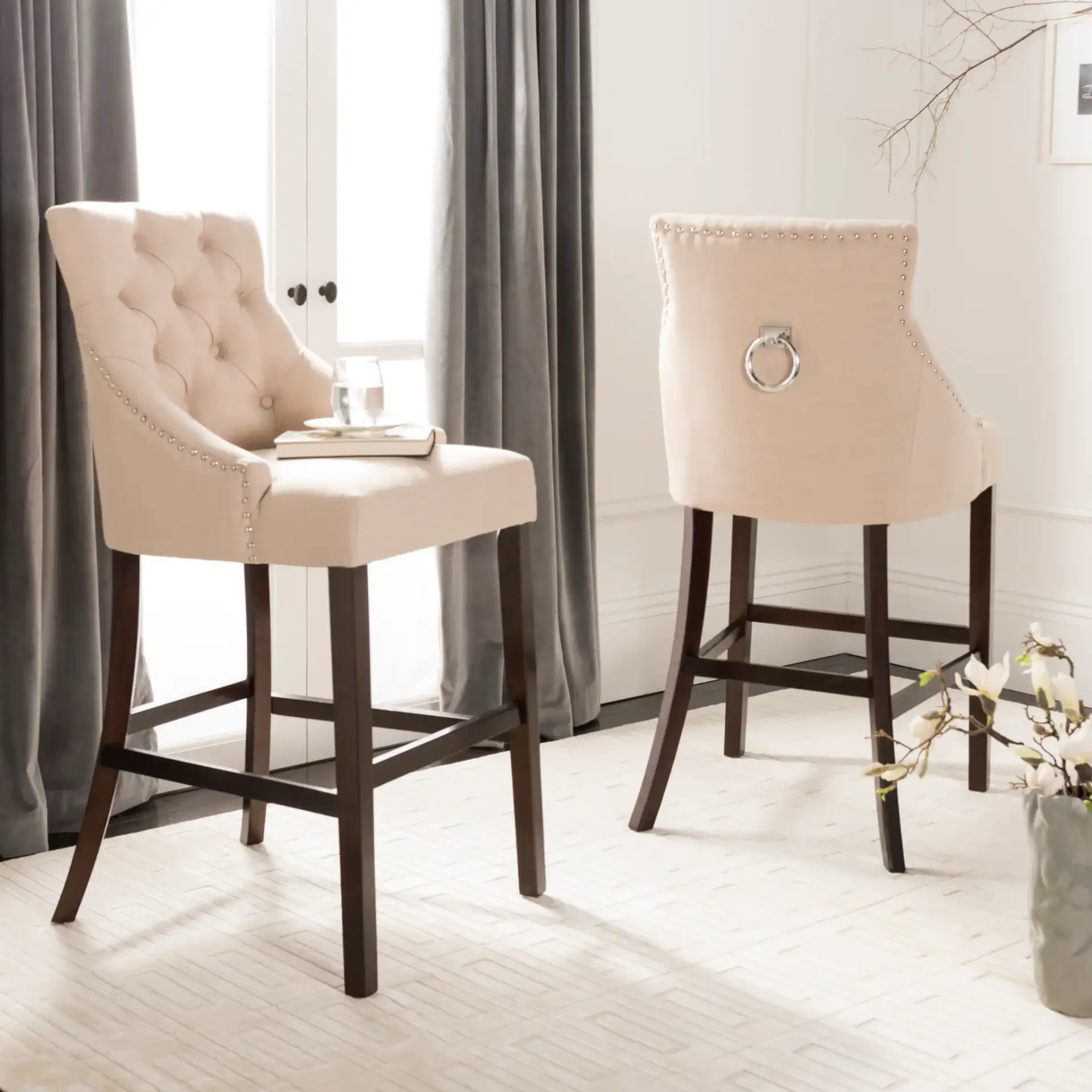 Eleni Tufted Bar Stool (Set of 2) in Beige Linen / Chrome Ring / Espresso Leg in a styled room