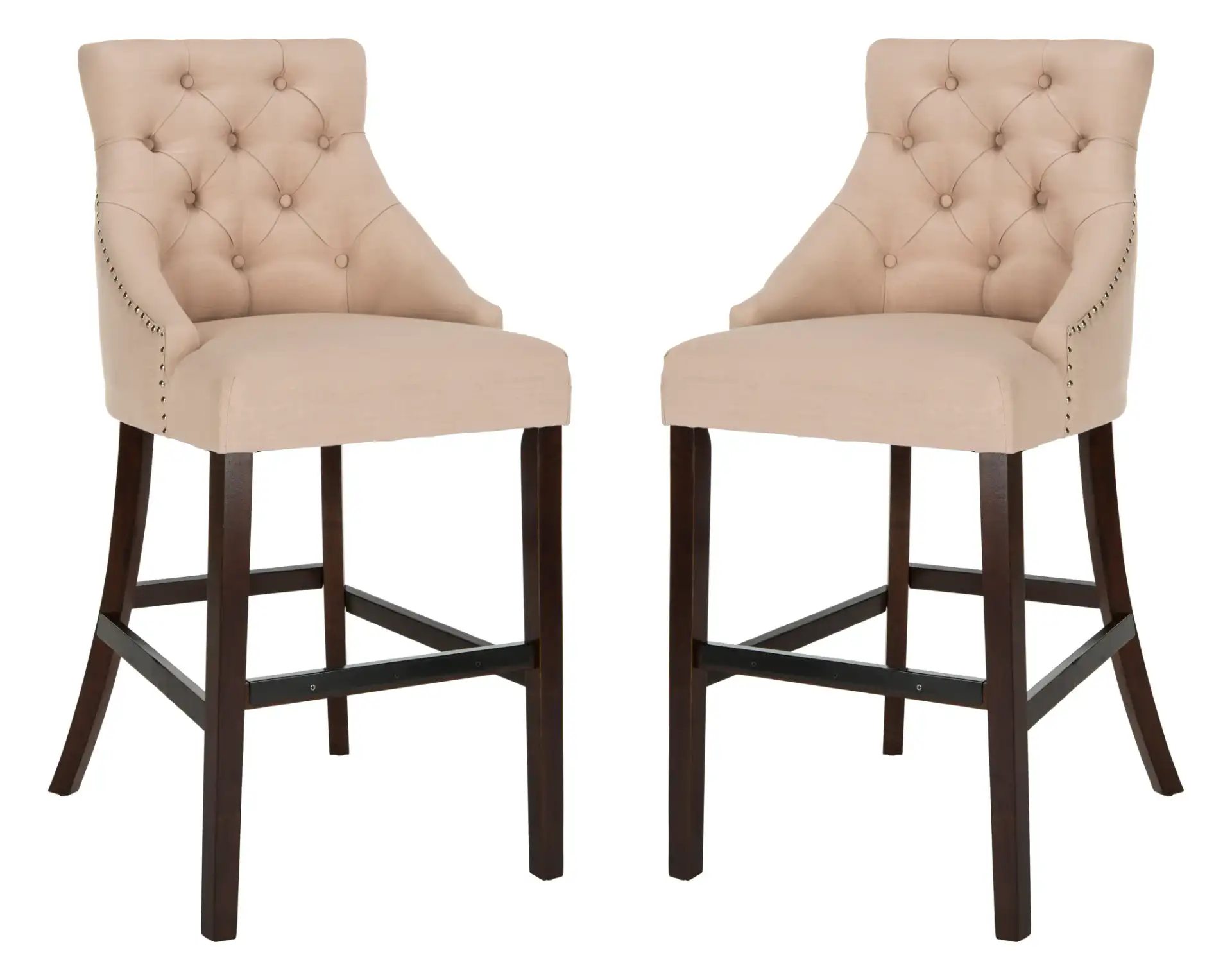Eleni Tufted Bar Stool (Set of 2) in Beige Linen / Chrome Ring / Espresso Leg