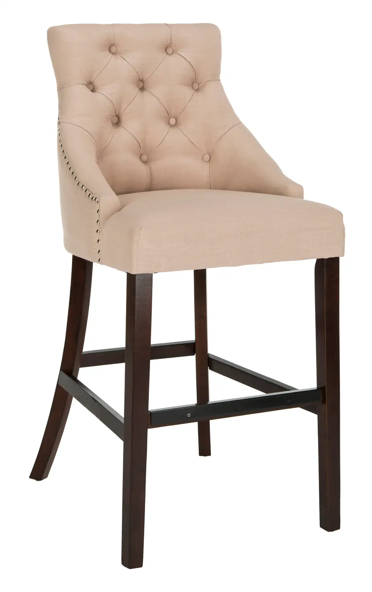 Eleni Tufted Bar Stool (Set of 2) in Beige Linen / Chrome Ring / Espresso Leg, detail view