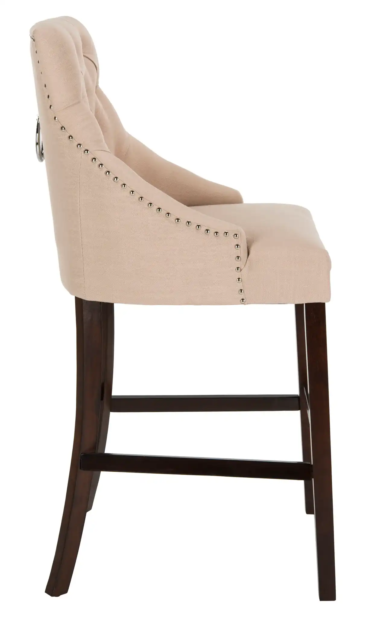 Eleni Tufted Bar Stool (Set of 2) in Beige Linen / Chrome Ring / Espresso Leg, detail view