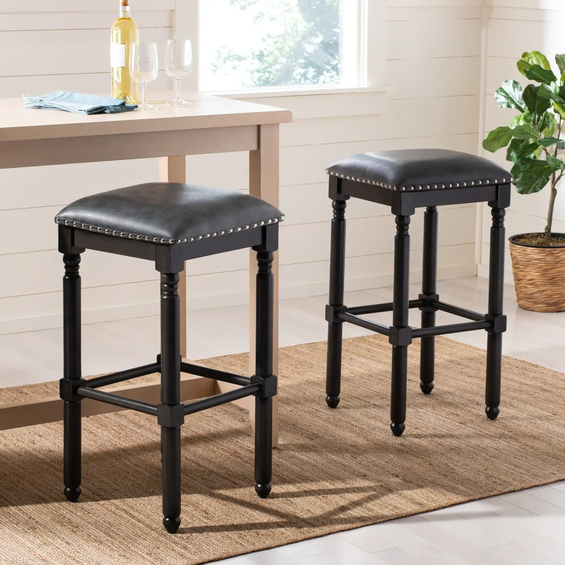 Preston Bar Stool (Set of 2) in Gray Linen / Gray Walnut / Copper Nh in a styled room
