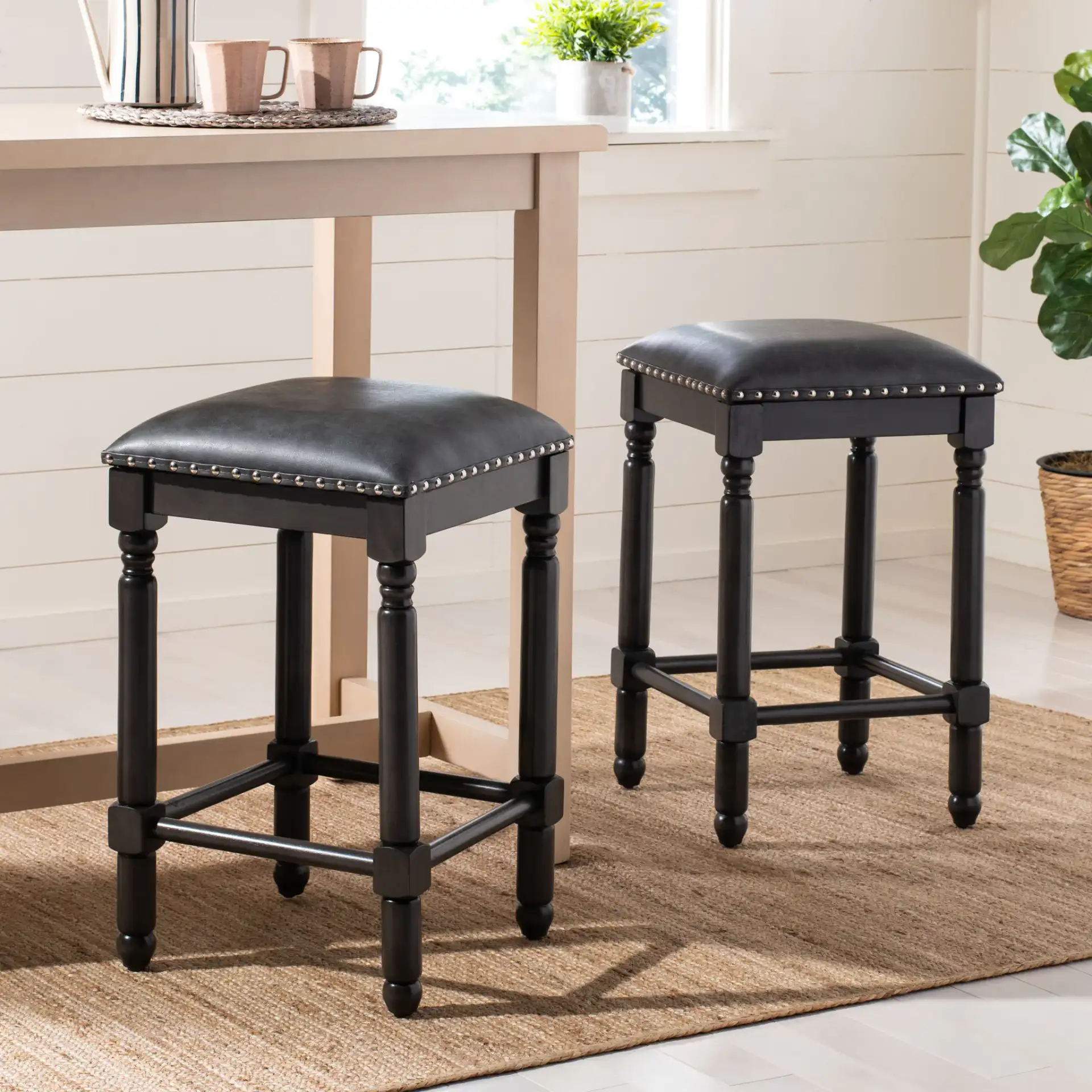 Preston Counter Stool (Set of 2) in Gray Linen / Gray Walnut / Copper Nh in a styled room