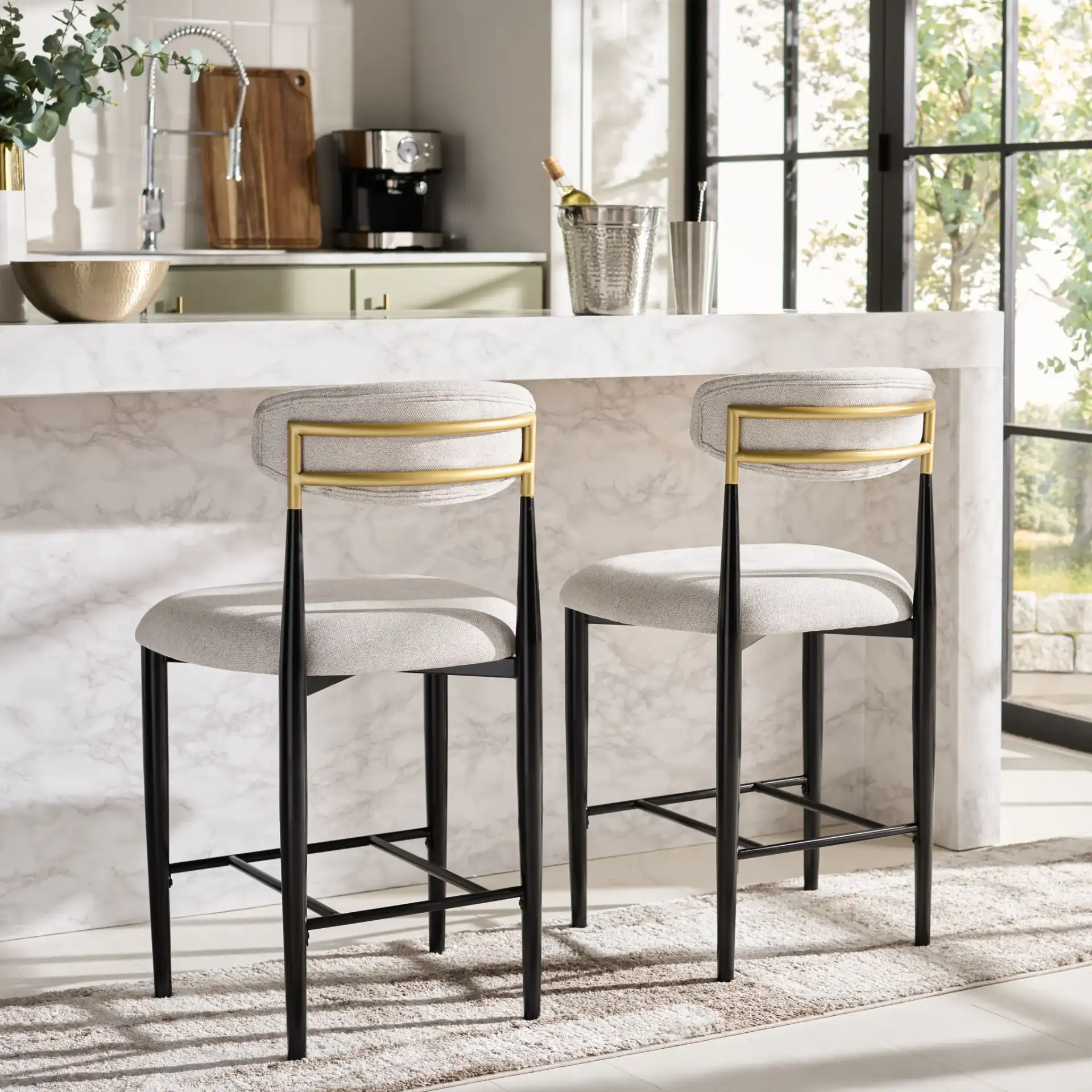 Covelle Counter Stool (Set of 2) in Black Gold / Dove Gray in a styled room