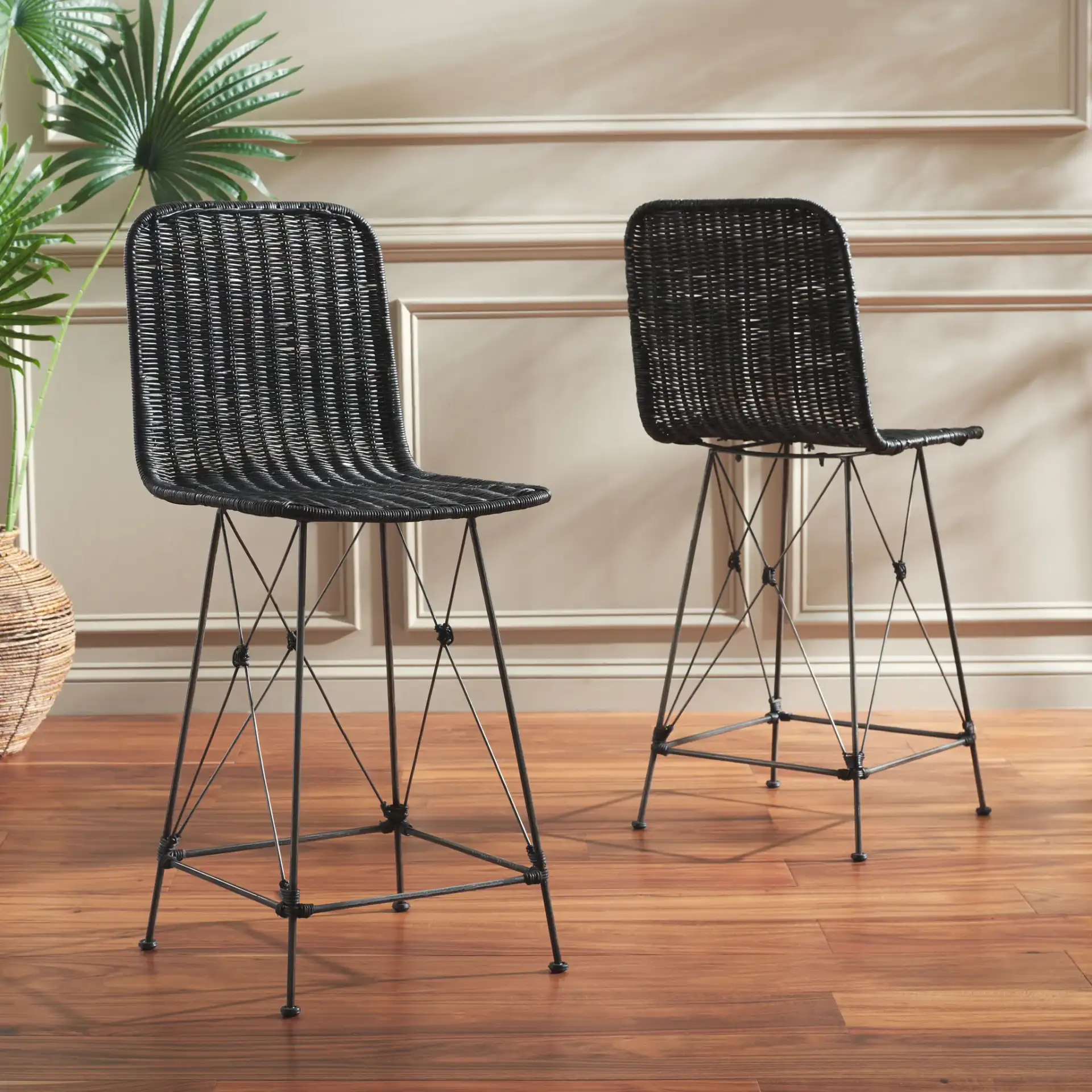 Minerva Weaved Counter Stool (Set of 2) in Black in a styled room
