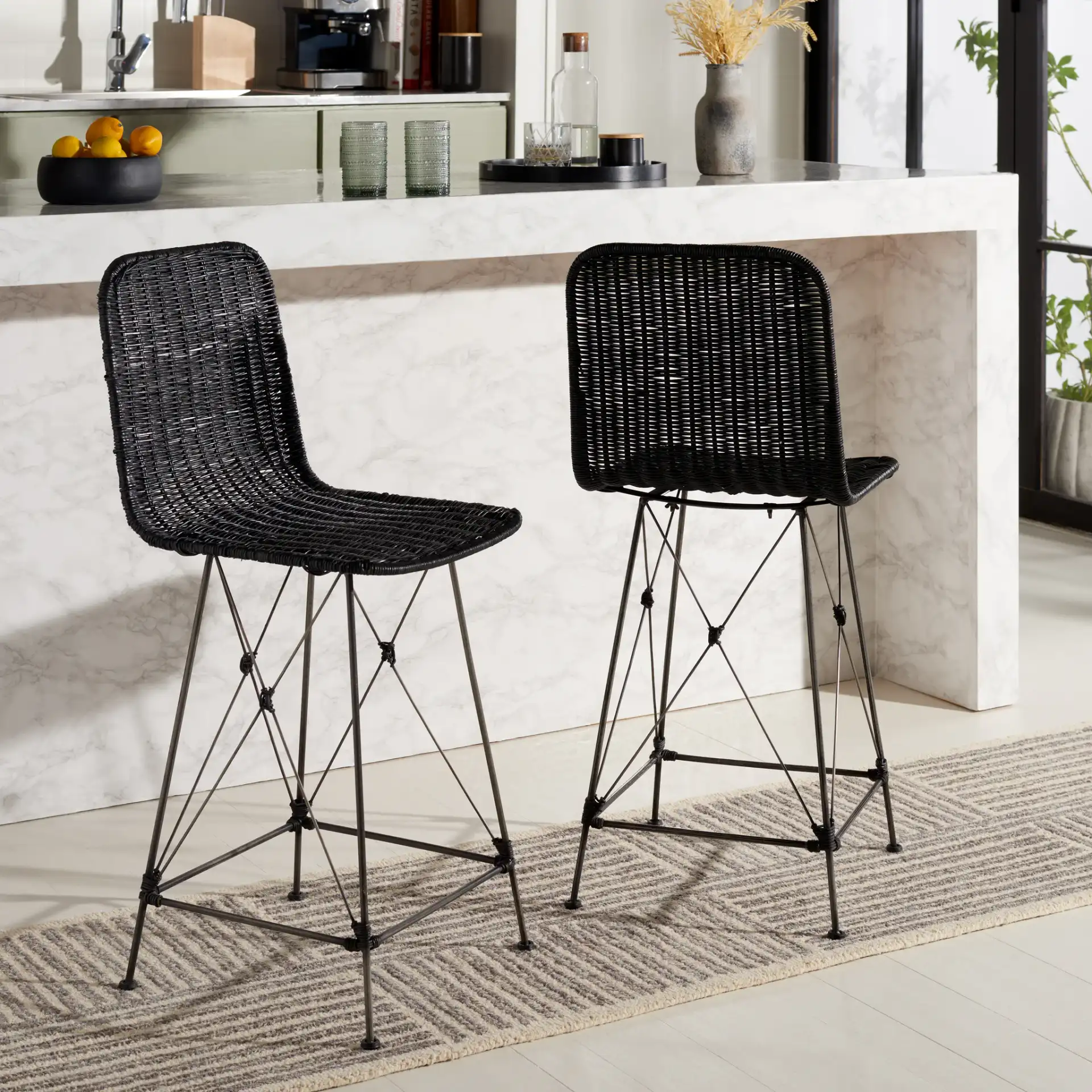 Minerva Weaved Counter Stool (Set of 2) in Black in a styled room