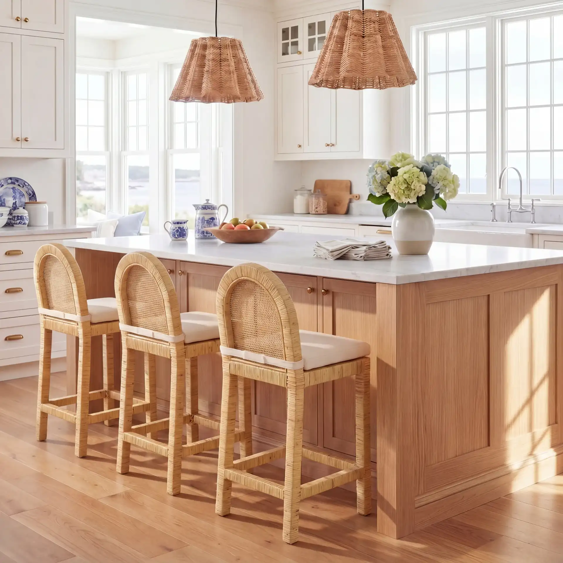 Tojo Cane Roundback Counter Stool in Natural / White in a styled room