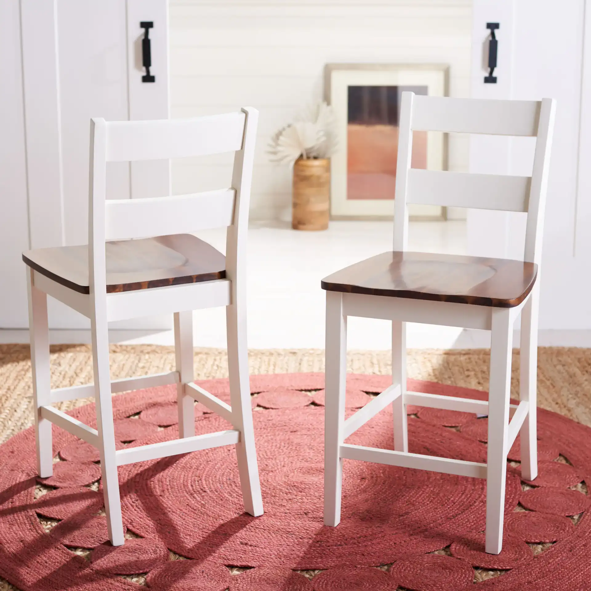 Yuri Counter Stool (Set of 2) in White / Natural in a styled room