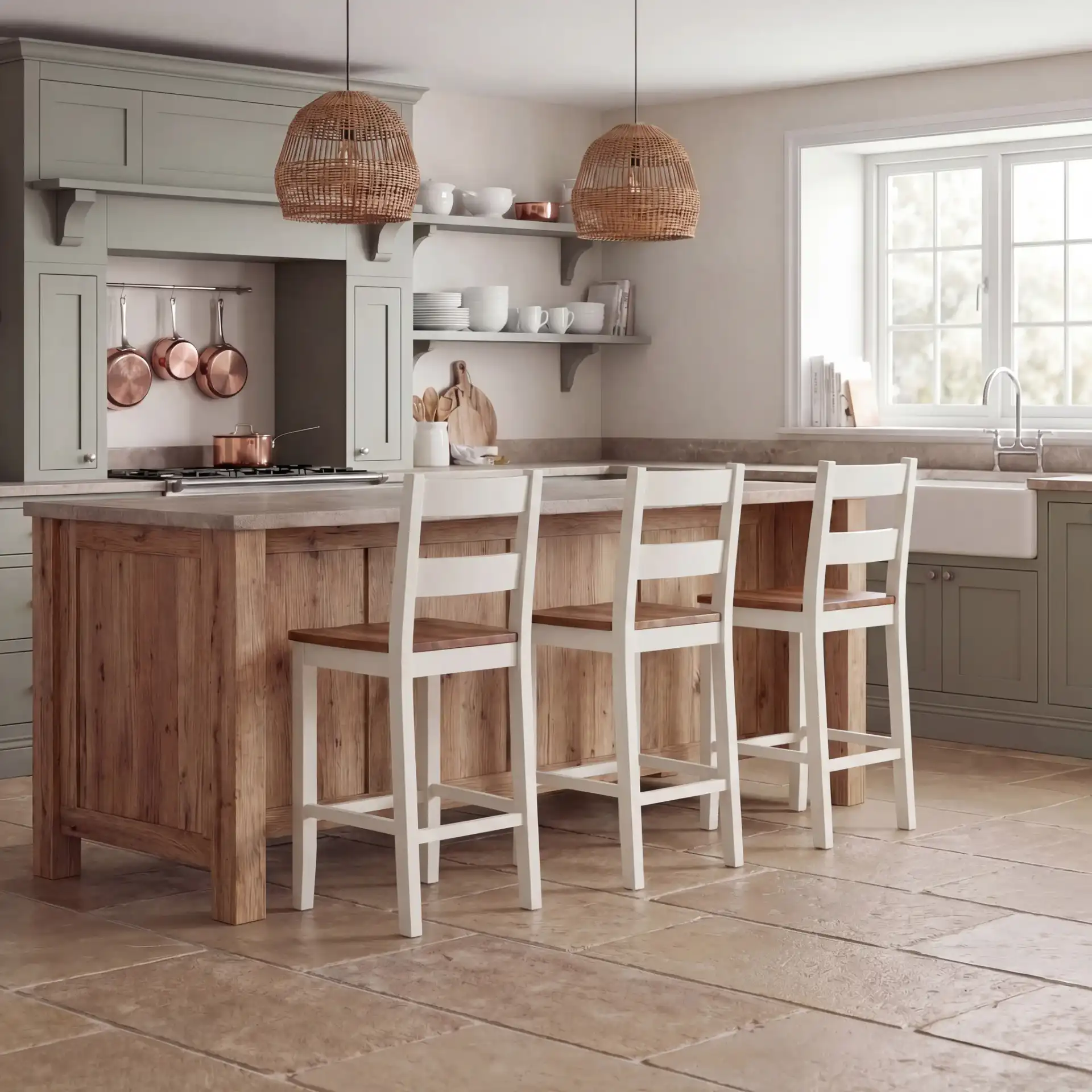 Yuri Counter Stool (Set of 2) in White / Natural in a styled room