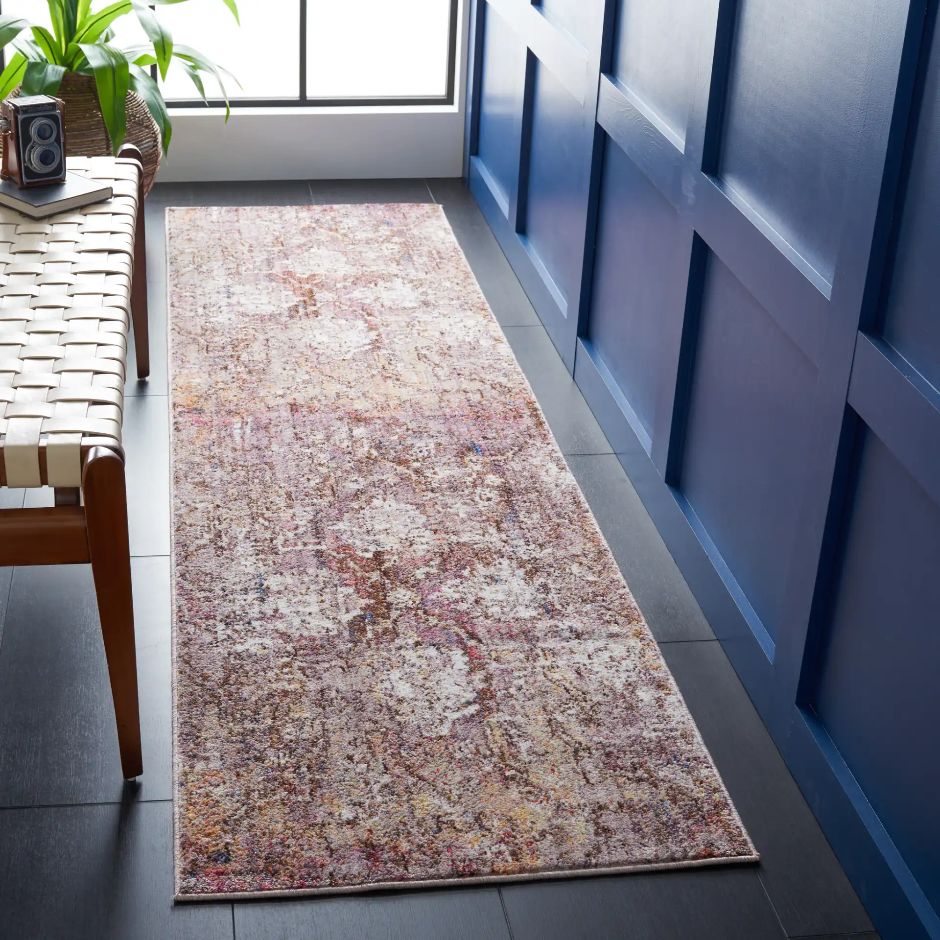 Bristol Distressed Palmette Rug in Pink / Gray in a styled room