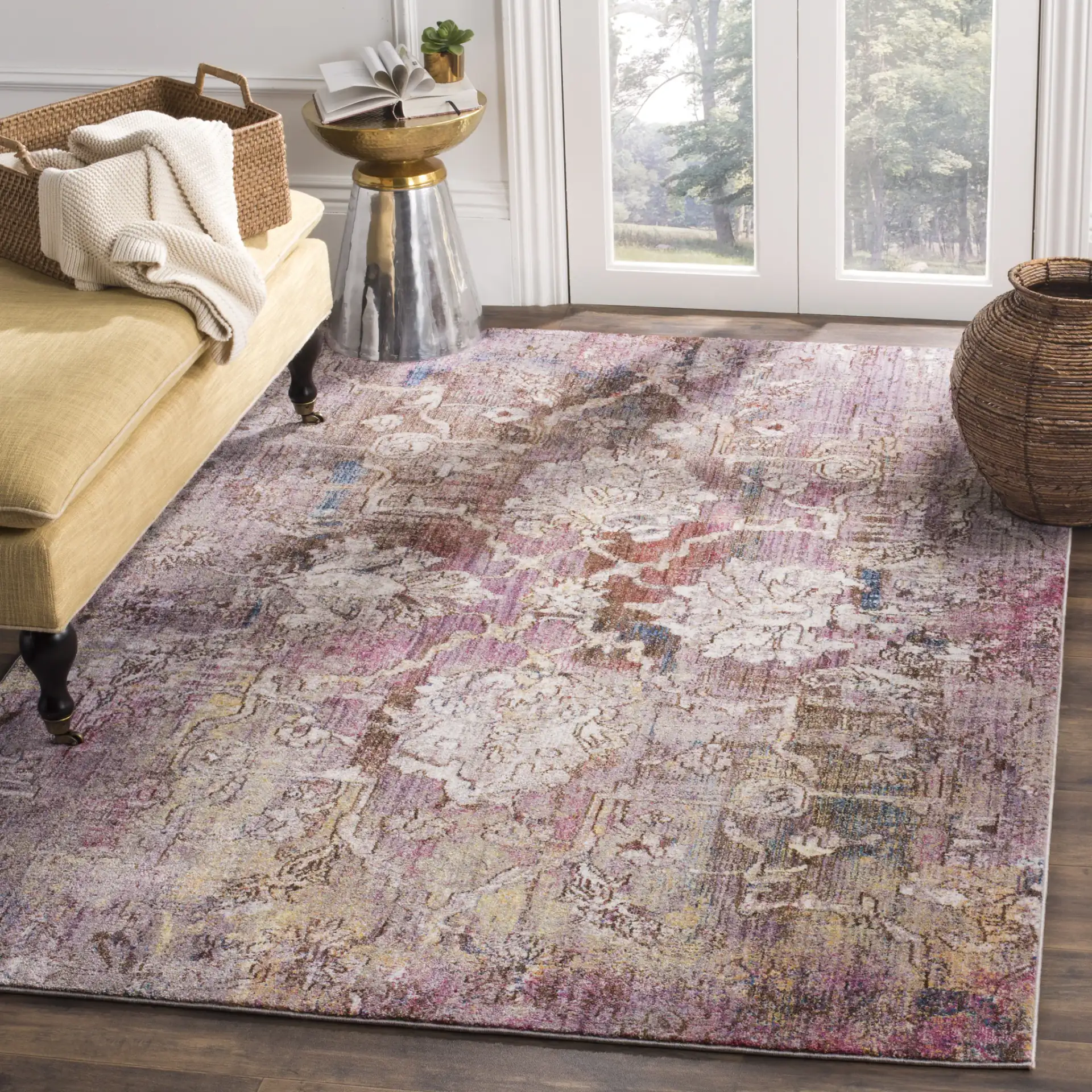 Bristol Distressed Palmette Rug in Pink / Gray in a styled room