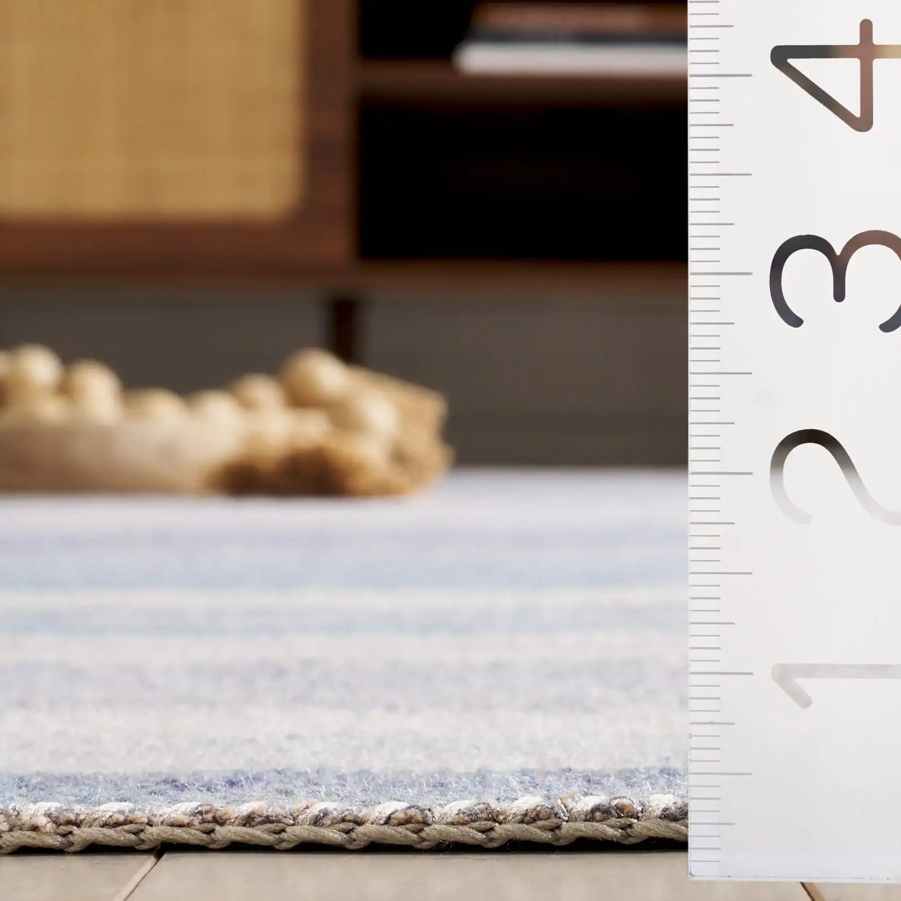 Cabo Striped Border Rug in Blue / Purple in a styled room