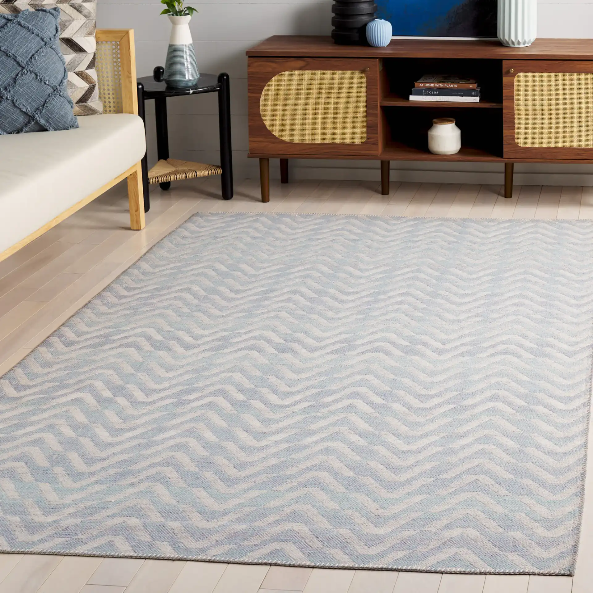 Cabo Chevron Rug in Light Blue / Beige in a styled room